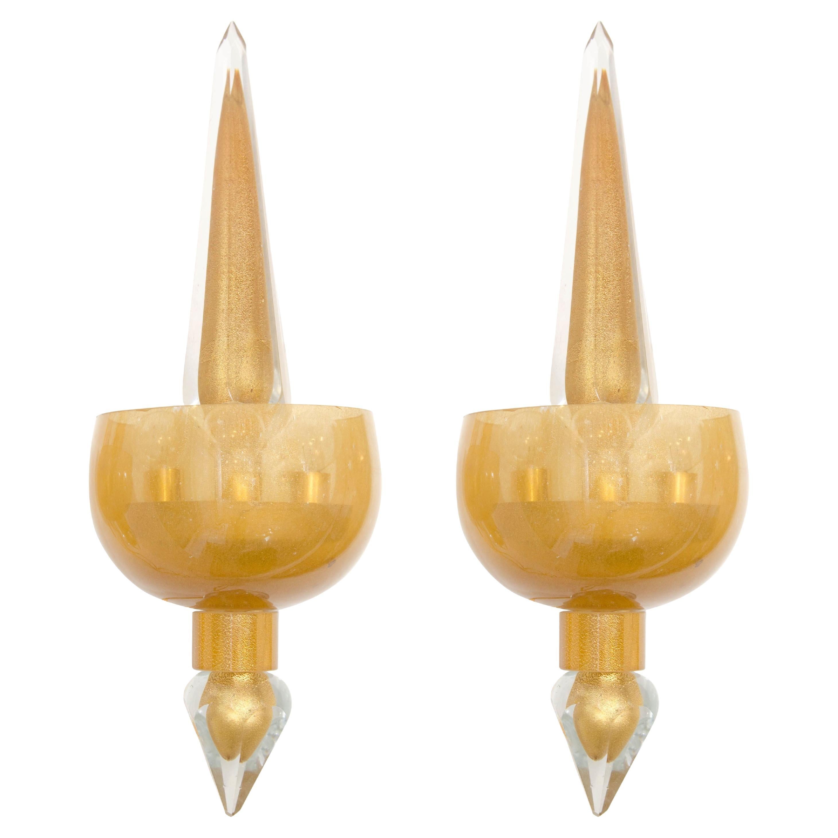 Pair of golden amber glass sconces For Sale