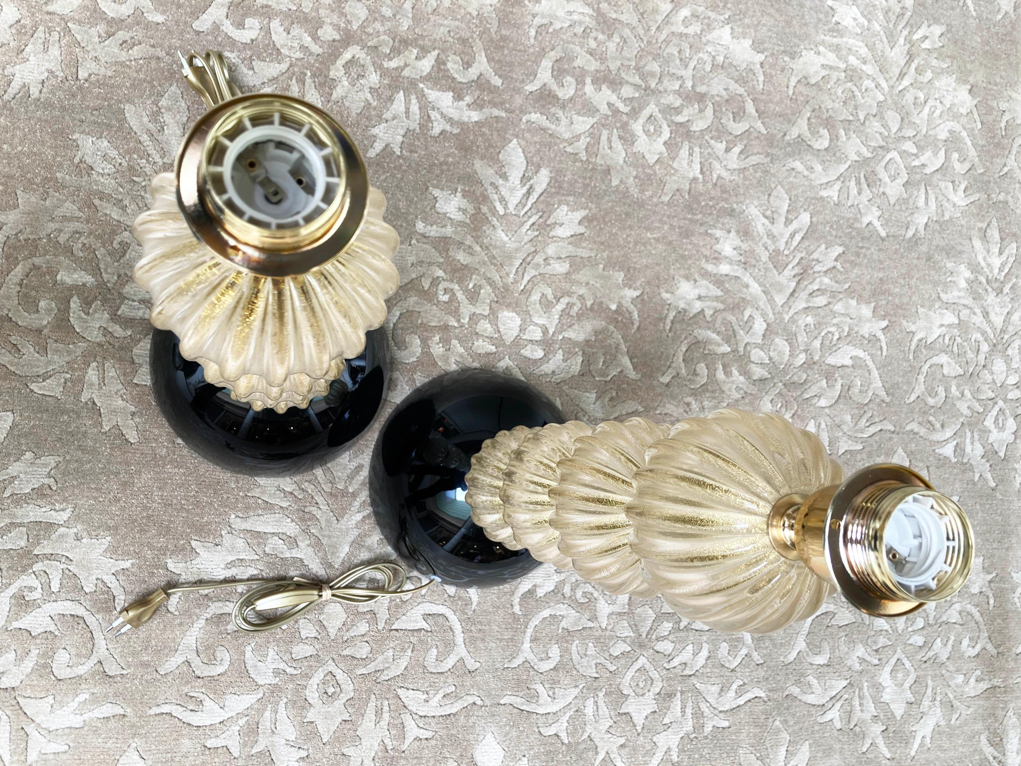 Late 20th Century Pair of Golden and Black Lamp Bases, Signed Toso Murano Glass, Circa 1980 For Sale
