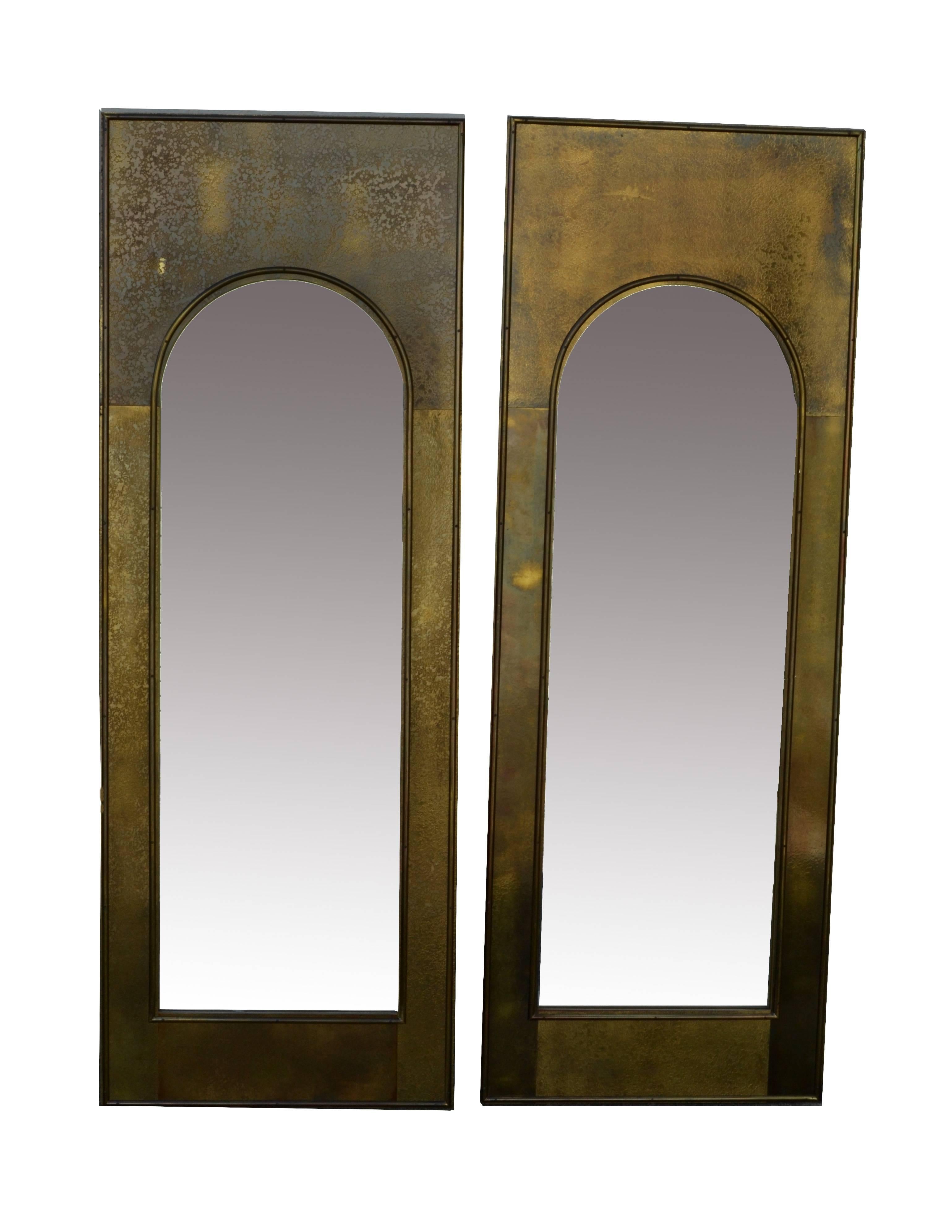 20th Century Pair of Golden Etched Brass Arched Palladian Mastercraft Mirrors