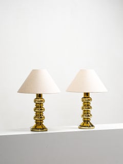 Pair of Golden Art Glass Table Lamps by Flygsfors, Sweden, 1960s