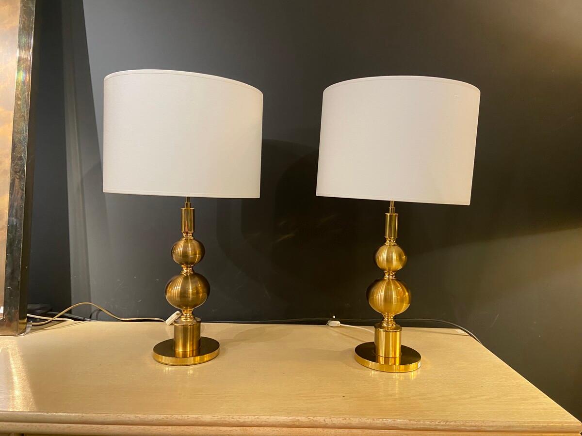 Brass Pair of Golden Ball Lamps by Boulanger For Sale