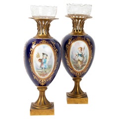 Pair of Golden Bronze Vases, Sèvres Porcelain and Crystal Horn, Napoleon III