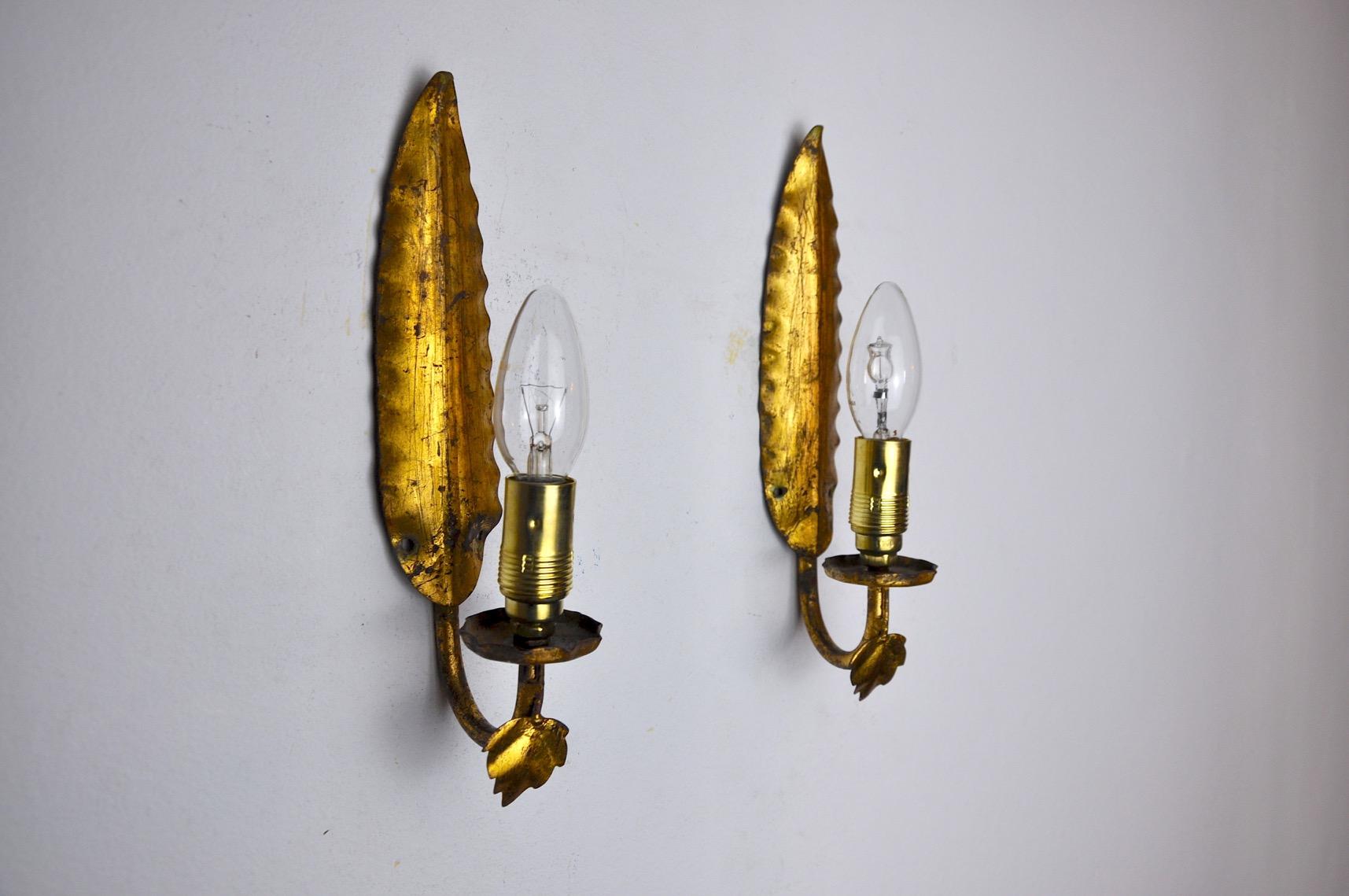 Spanish Pair of Golden Floral Sconces by Ferro Arte, Spain, 1960