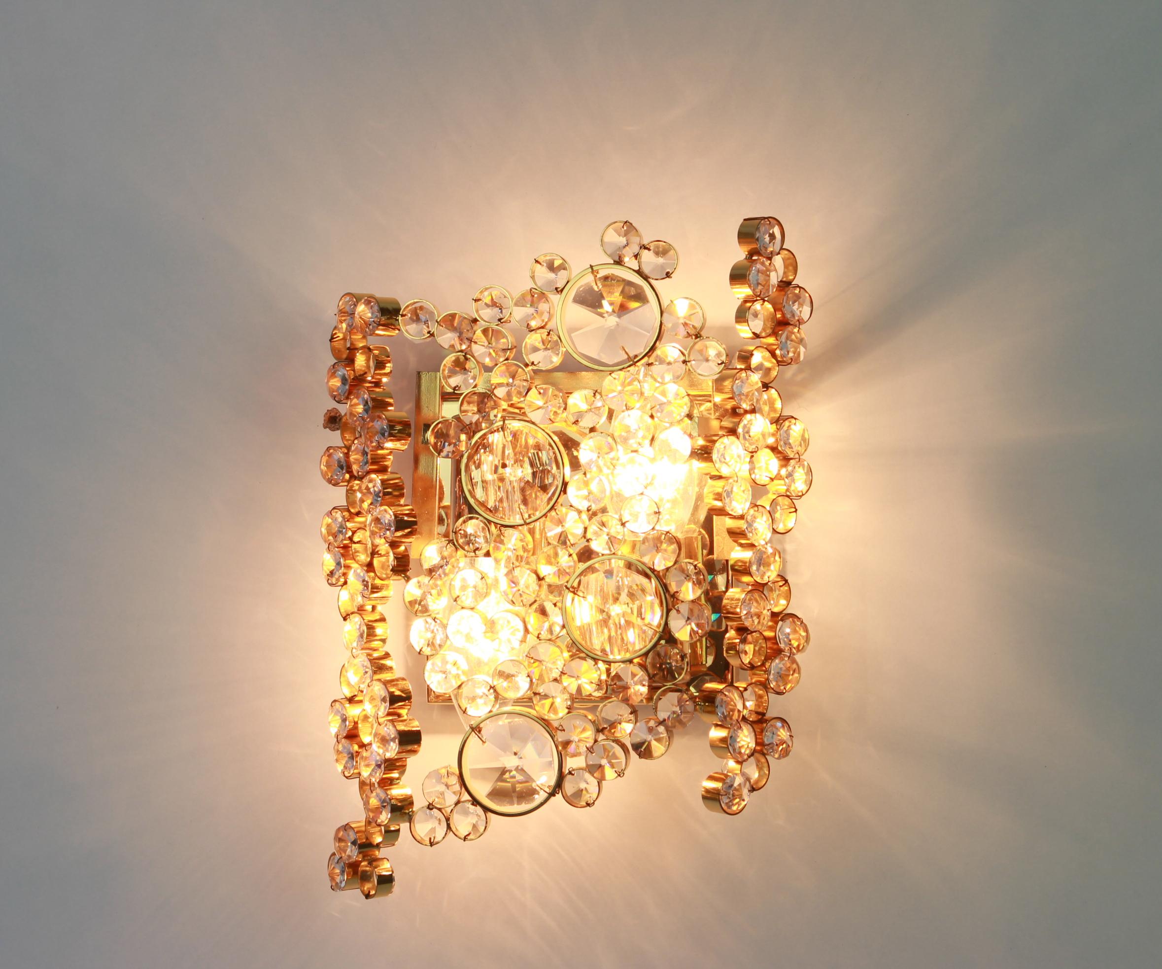 Pair of Golden Gilded Brass and Crystal Sconce by Palwa, Germany, 1960s For Sale 1