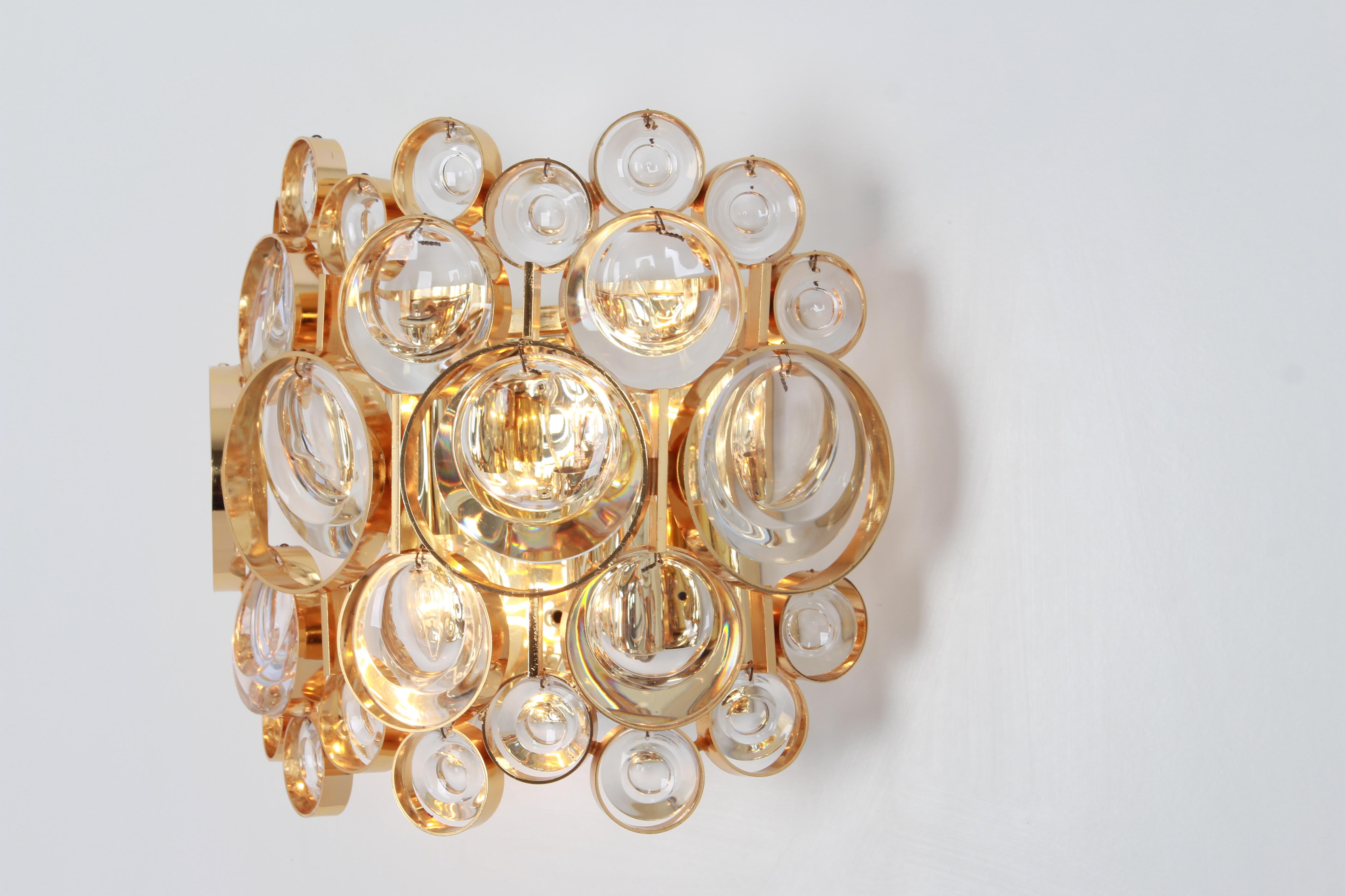 Pair of Golden Gilded Brass and Crystal Sconce by Palwa, Germany, circa 1960s For Sale 1