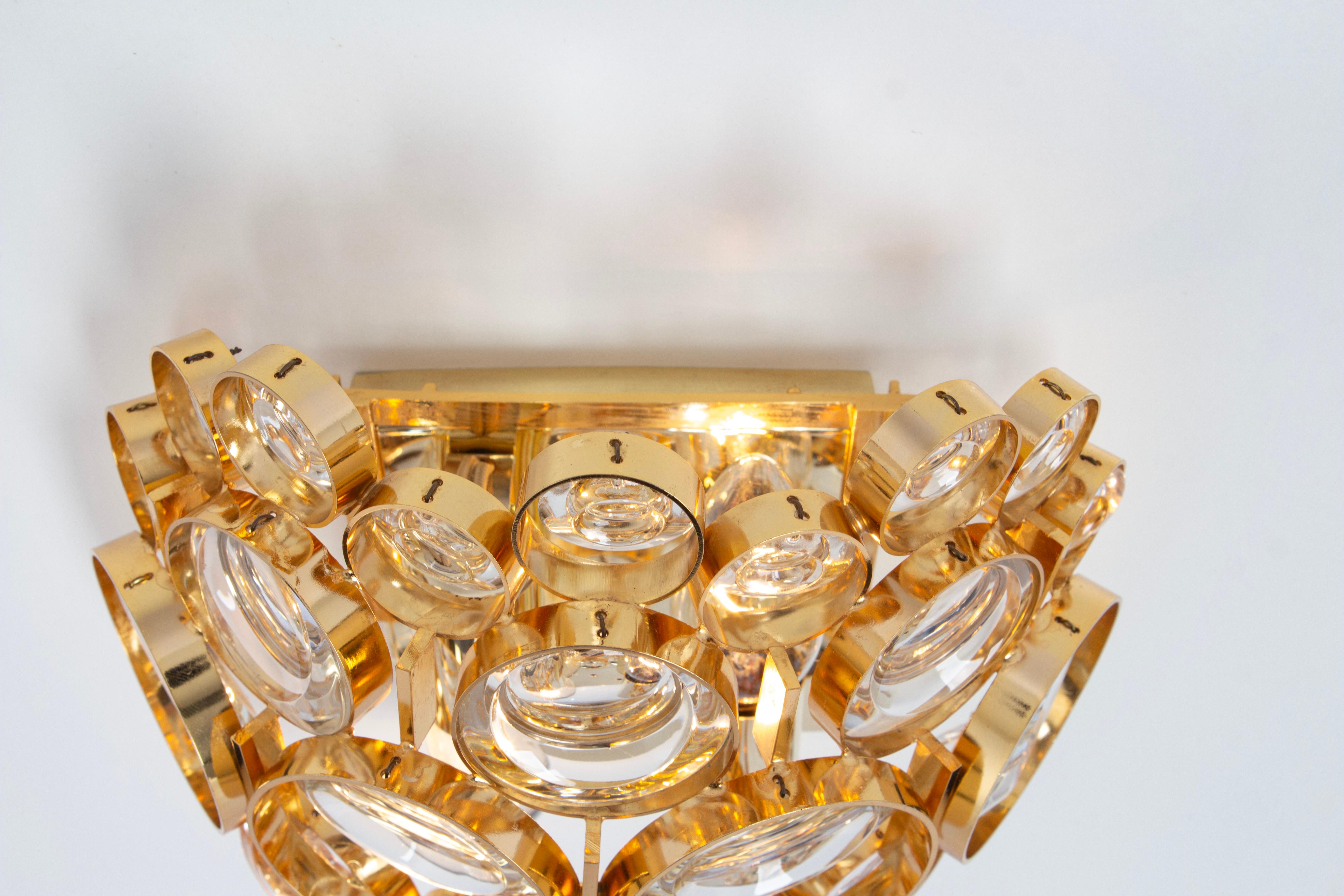 Pair of Golden Gilded Brass and Crystal Sconce by Palwa, Germany, circa 1960s For Sale 2