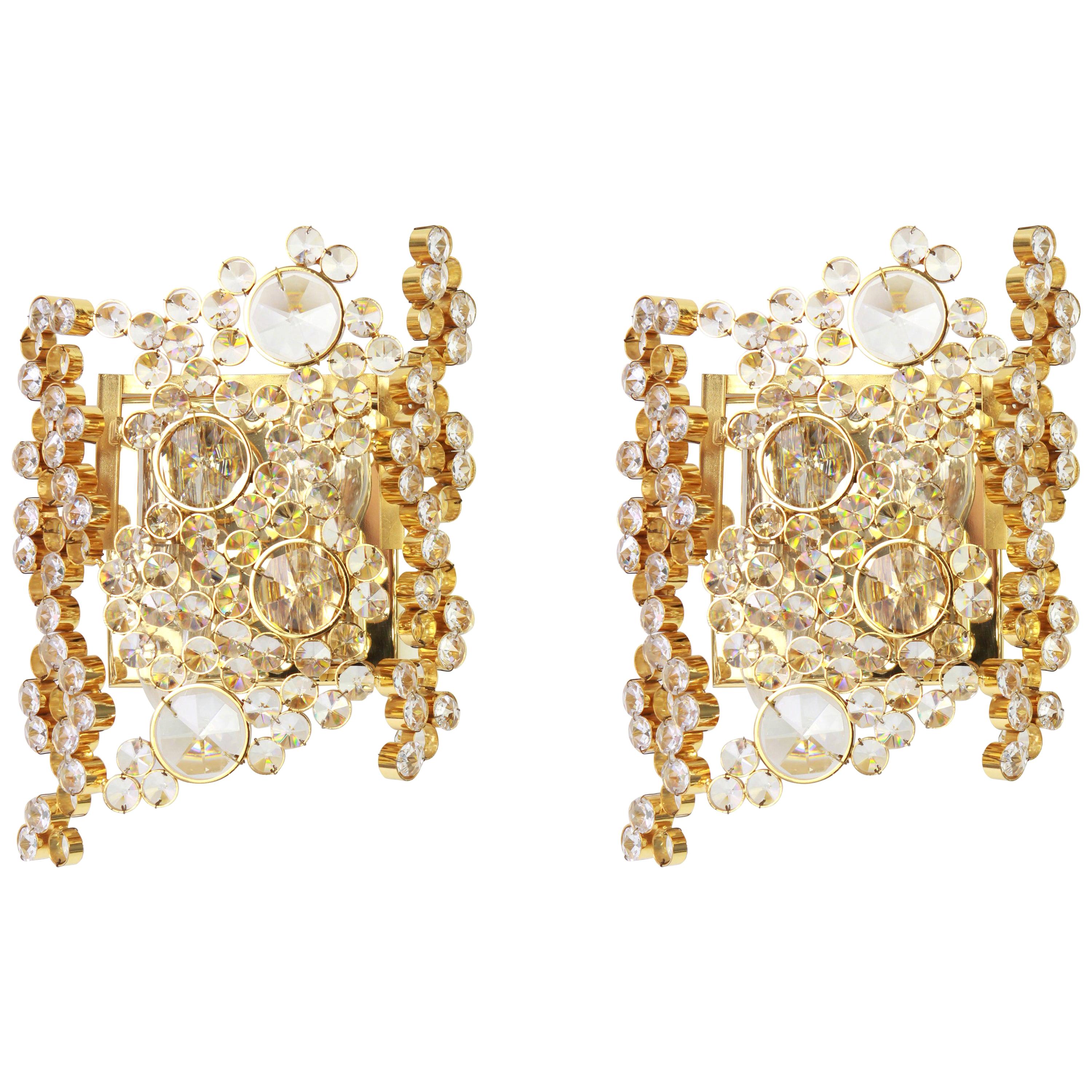 Pair of Golden Gilded Brass and Crystal Sconce by Palwa, Germany, 1960s