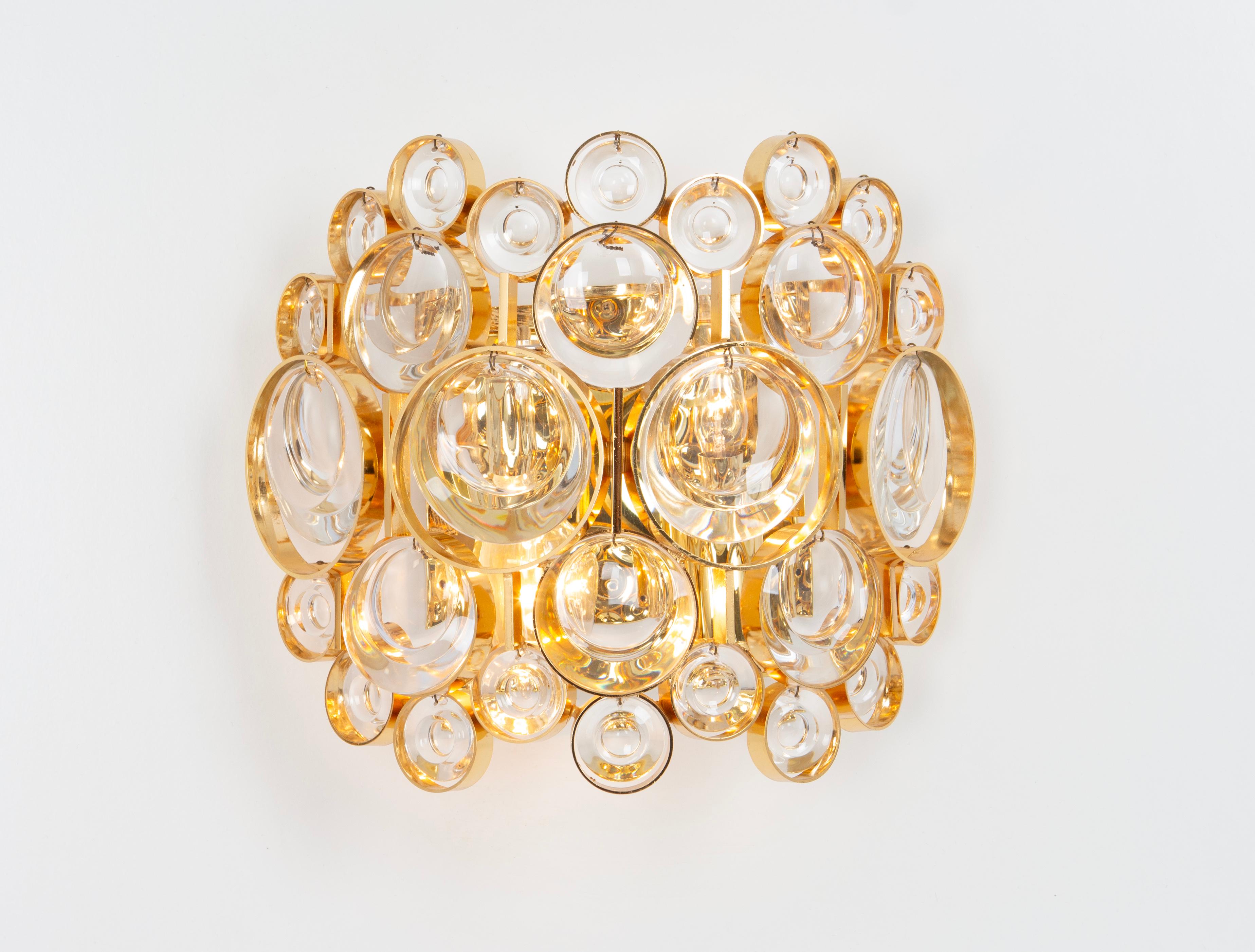 Pair of Golden Gilded Brass and Crystal Sconce by Palwa, Germany, circa 1960s For Sale 5