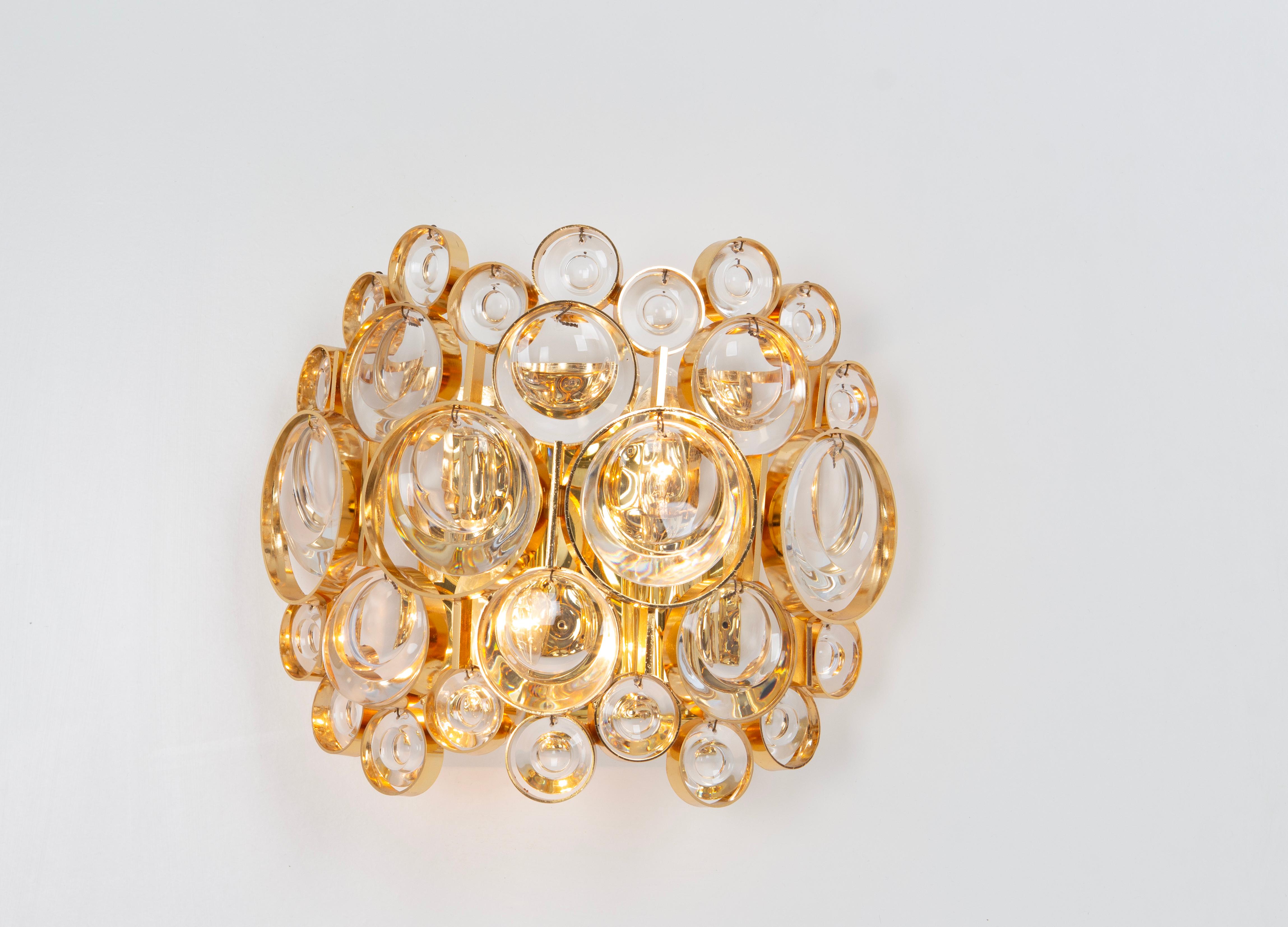 Pair of Golden Gilded Brass and Crystal Sconce by Palwa, Germany, circa 1960s For Sale 6