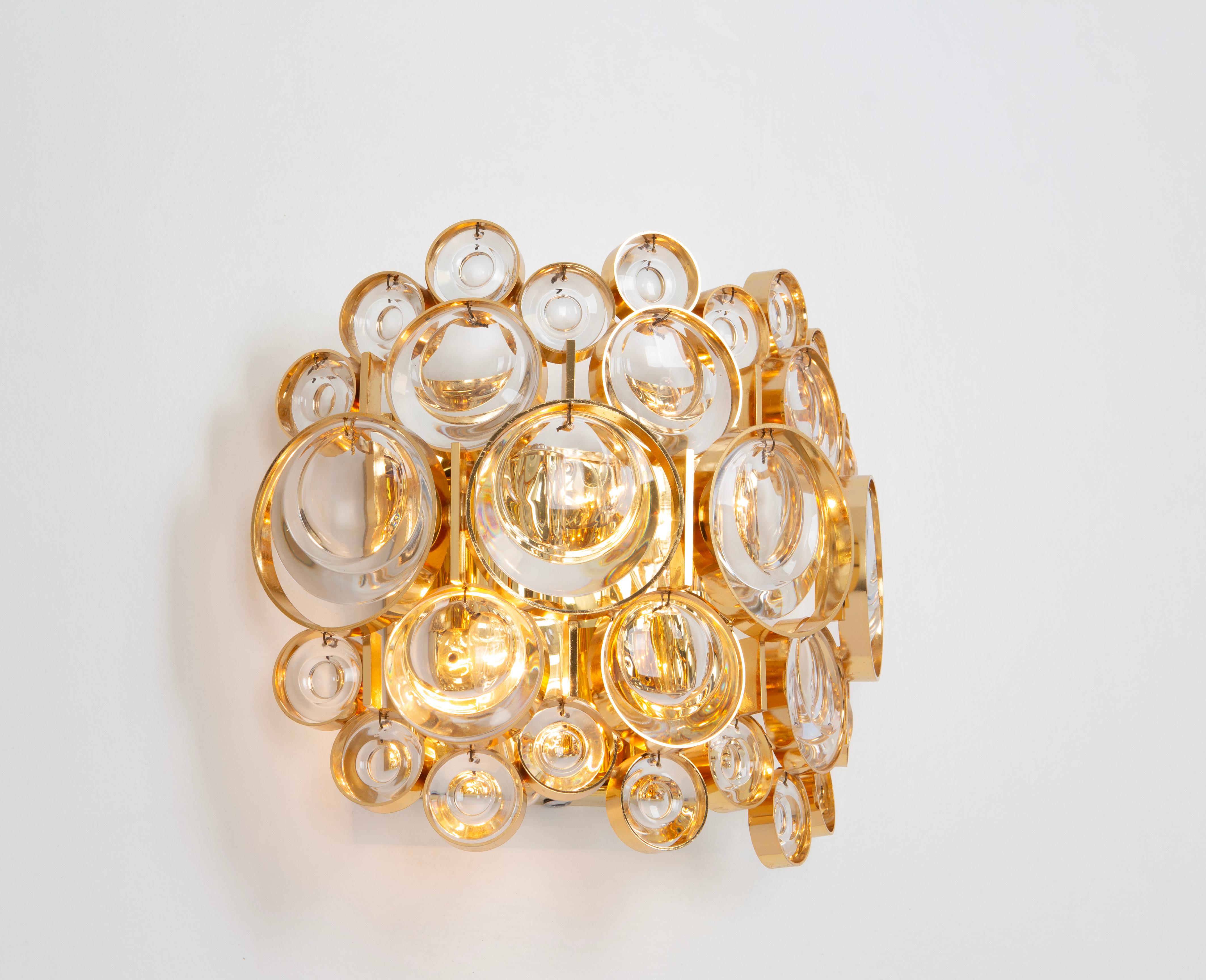 Pair of Golden Gilded Brass and Crystal Sconce by Palwa, Germany, circa 1960s For Sale 7