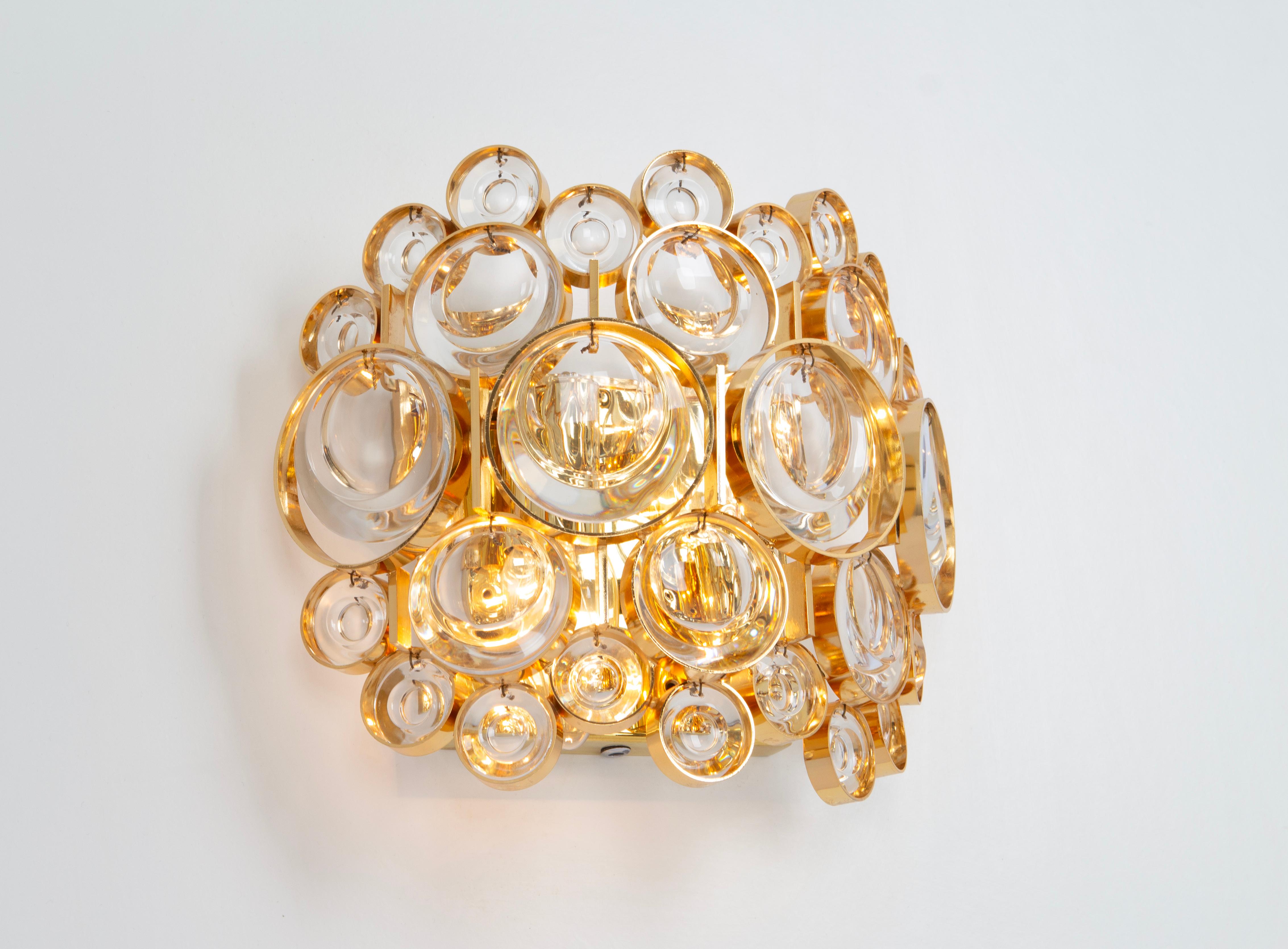 Pair of Golden Gilded Brass and Crystal Sconce by Palwa, Germany, circa 1960s For Sale 8