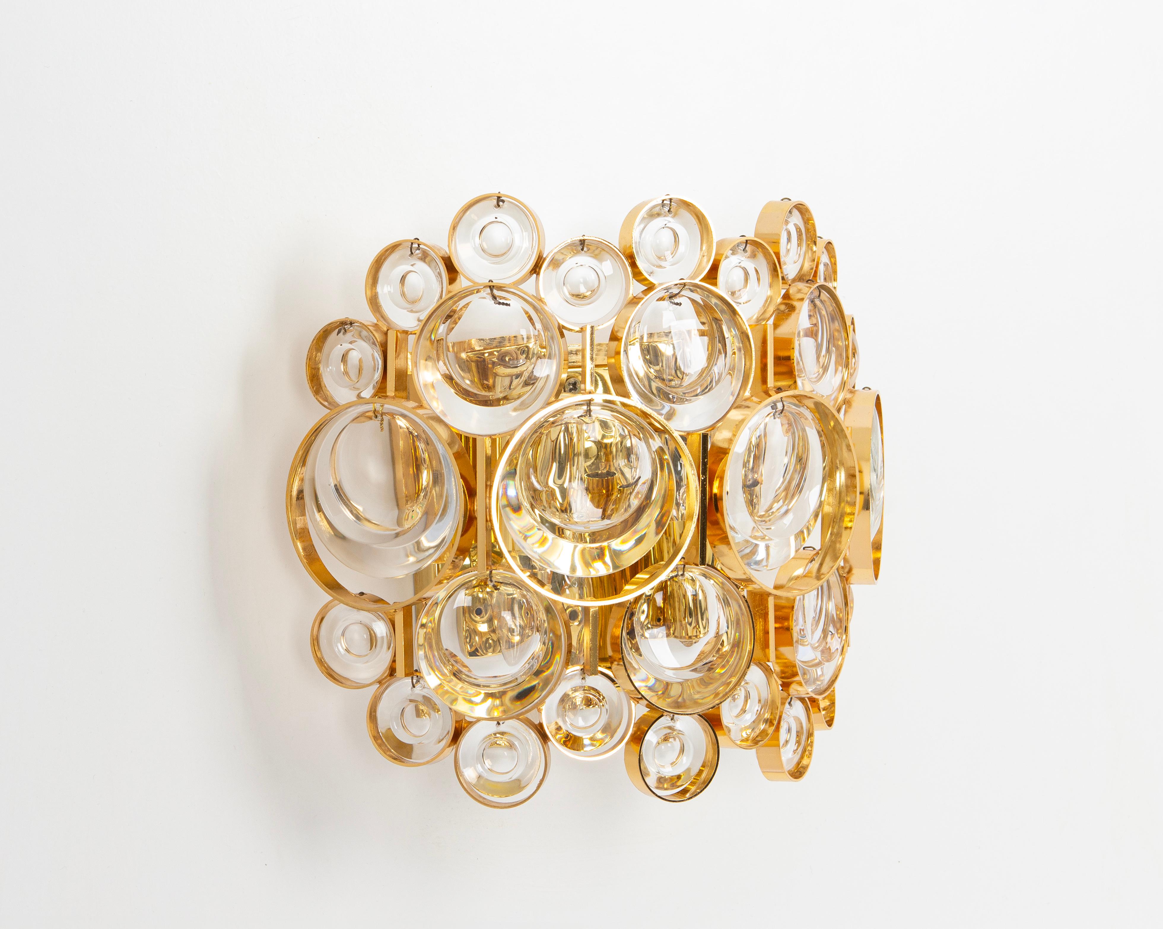 Pair of Golden Gilded Brass and Crystal Sconce by Palwa, Germany, circa 1960s For Sale 3