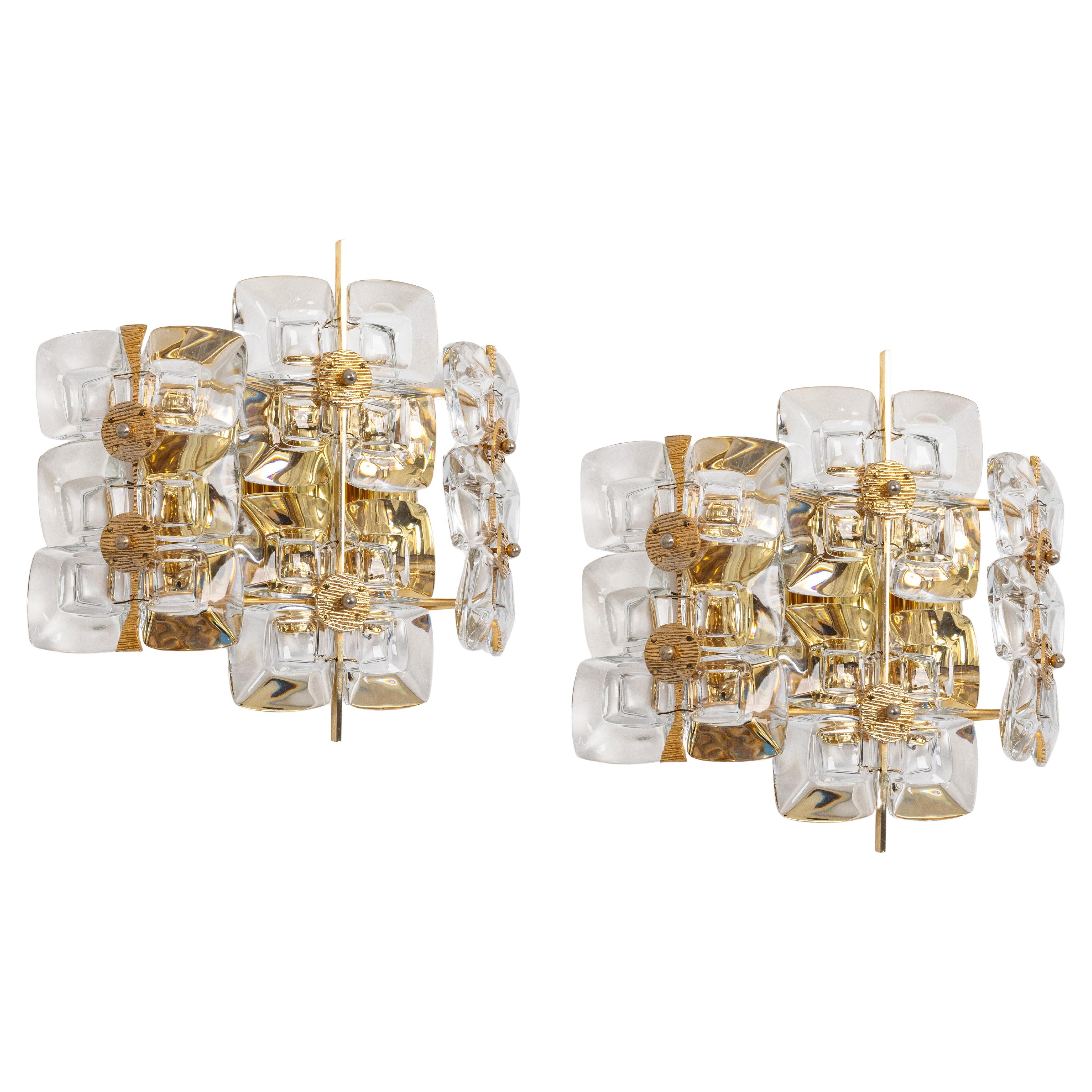 Pair of Golden Gilded Brass and Crystal Sconces by Palwa, Germany, 1960s