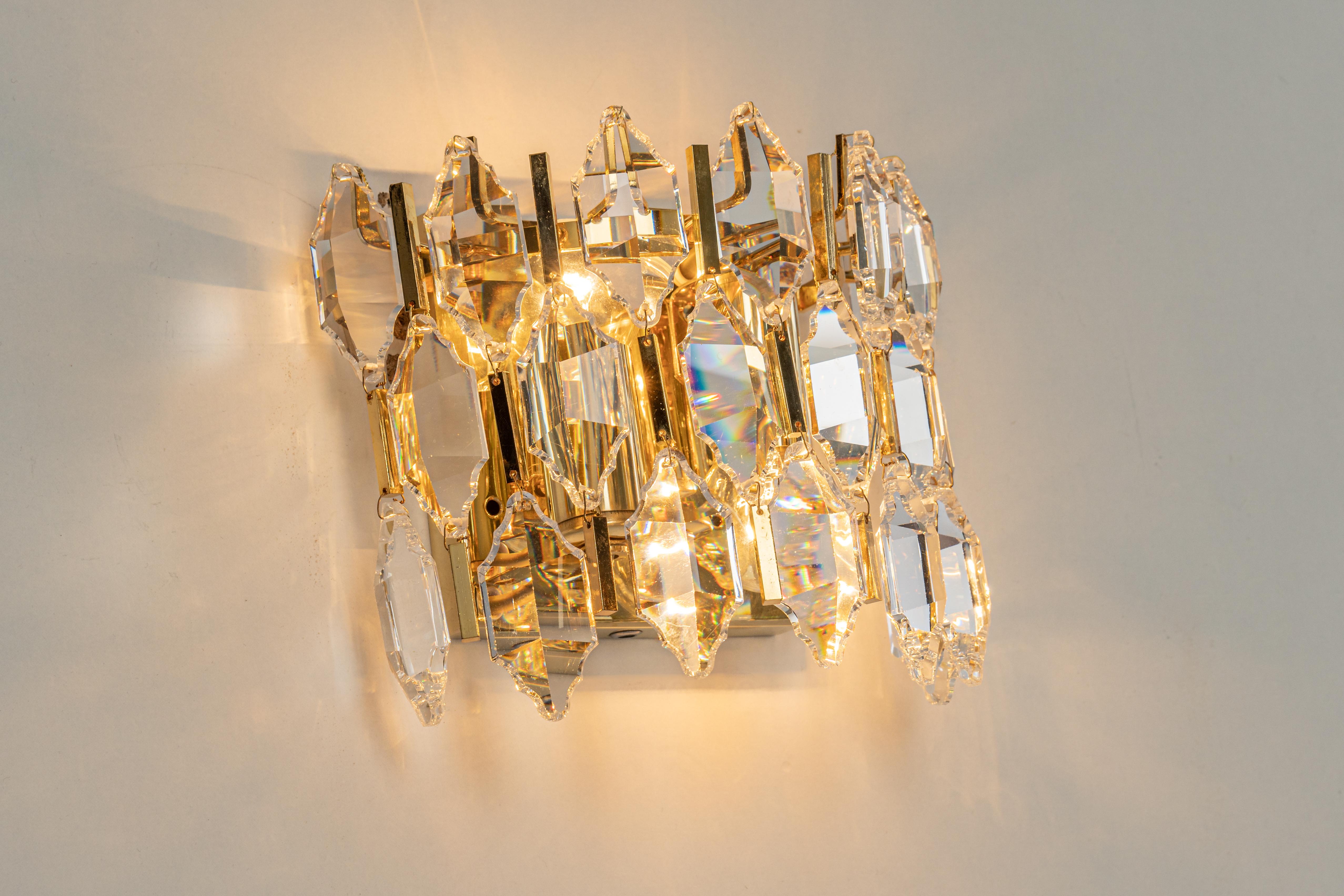 Pair of Golden Gilded Brass and Crystal Sconces by Palwa, Germany, 1970s For Sale 5