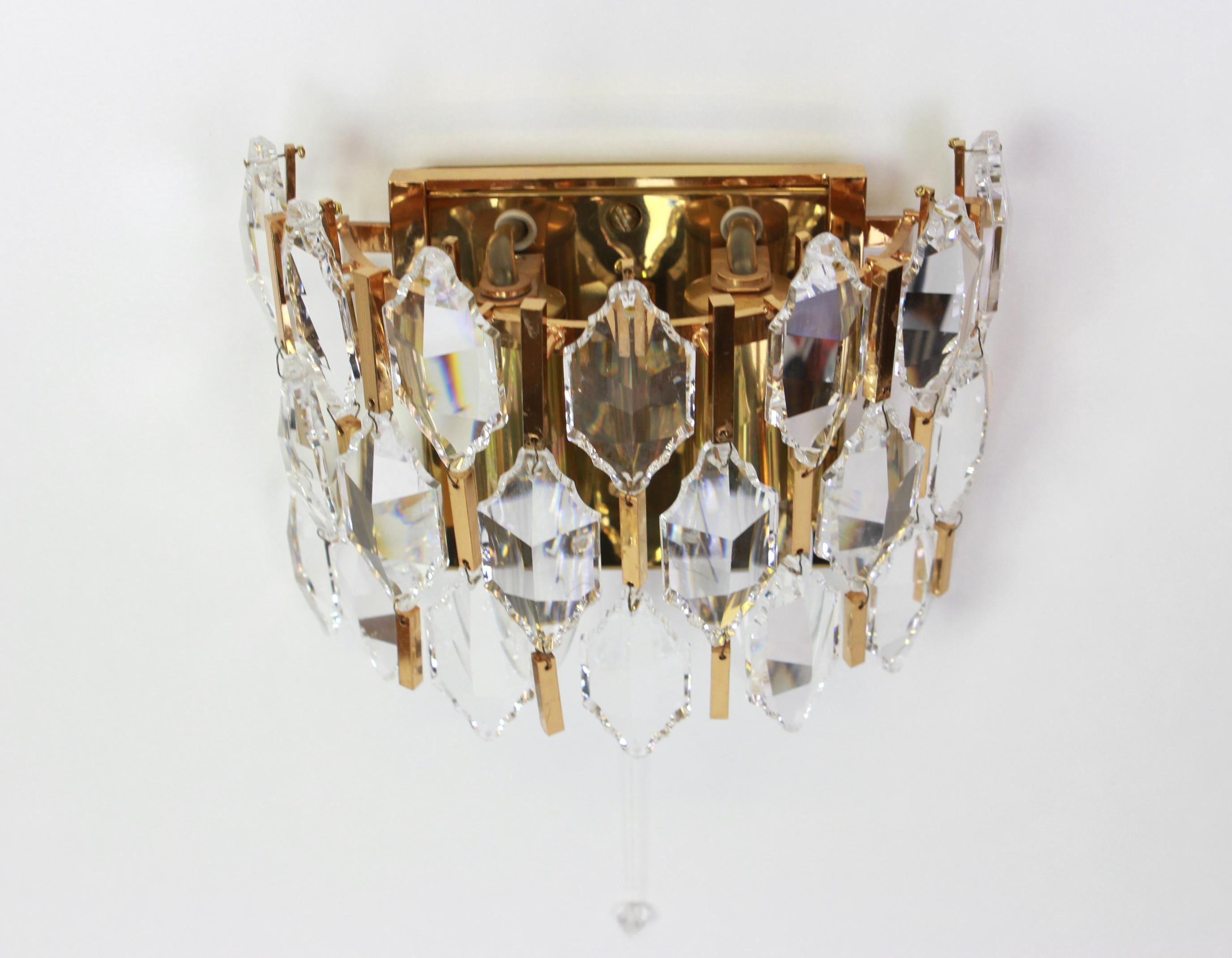 Pair of Golden Gilded Brass and Crystal Sconces by Palwa, Germany, 1970s In Good Condition In Aachen, NRW