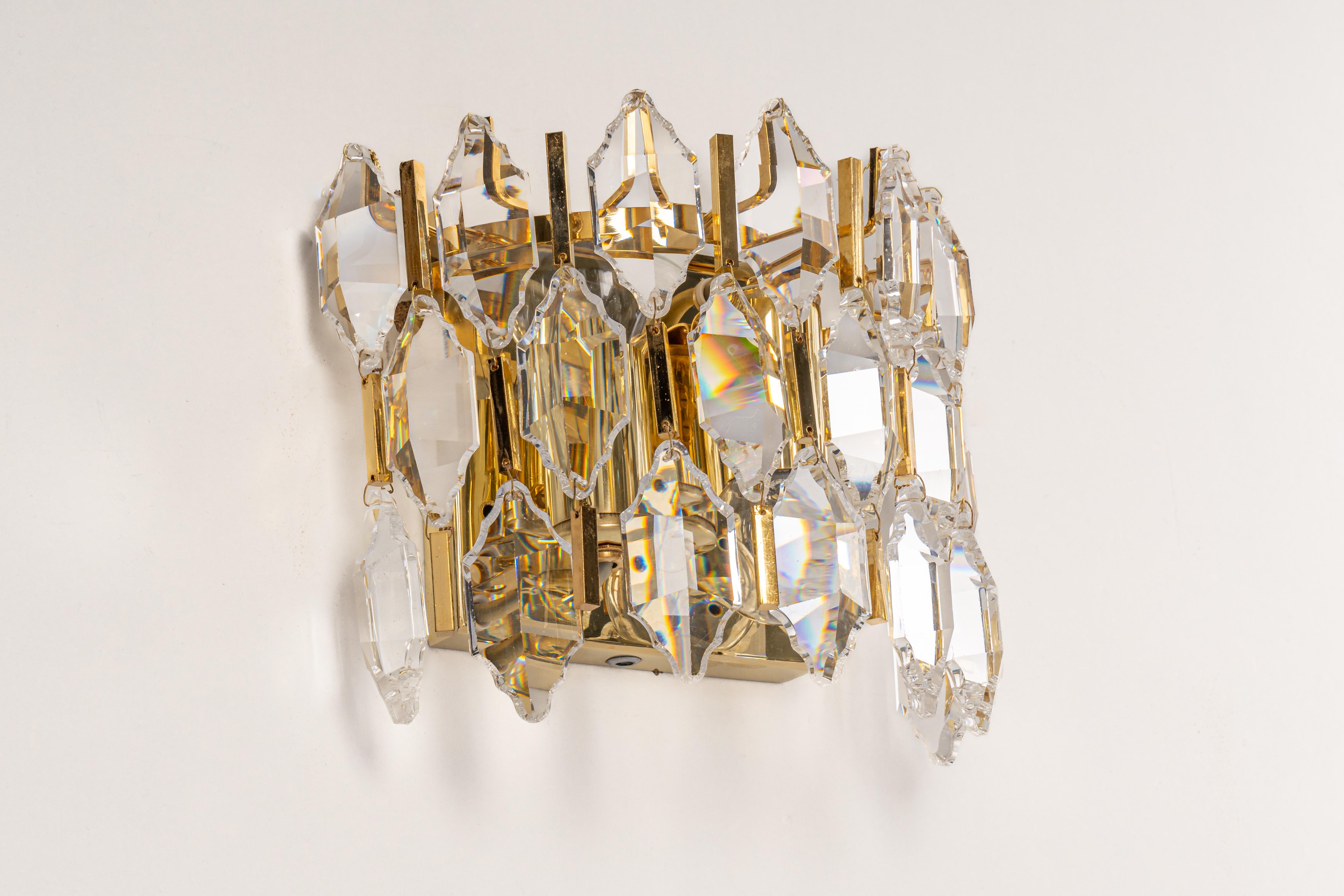 Pair of Golden Gilded Brass and Crystal Sconces by Palwa, Germany, 1970s In Good Condition For Sale In Aachen, NRW