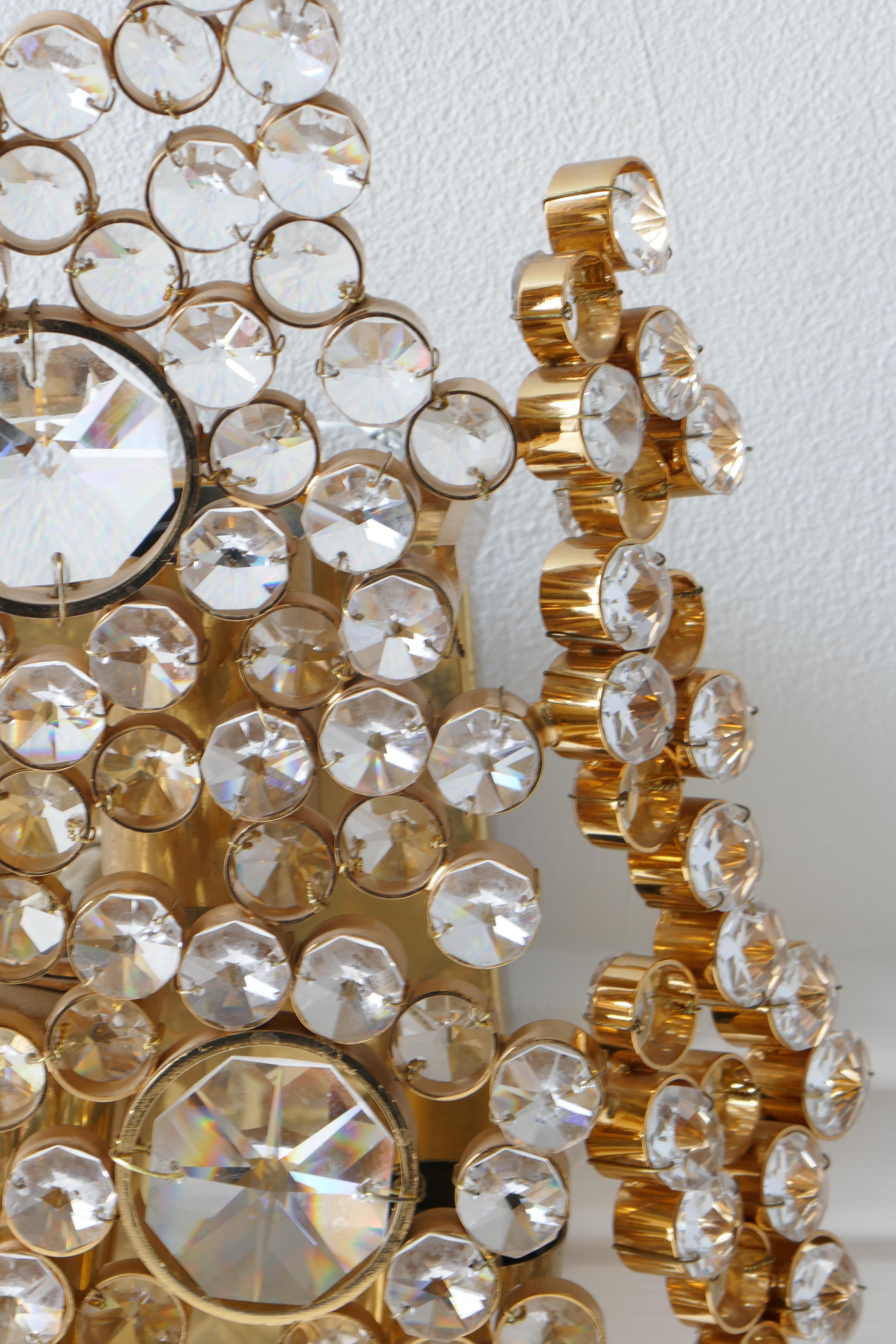 Pair of Golden Gilded Brass and Crystal Sconces by Palwa, Germany, 1970s For Sale 1
