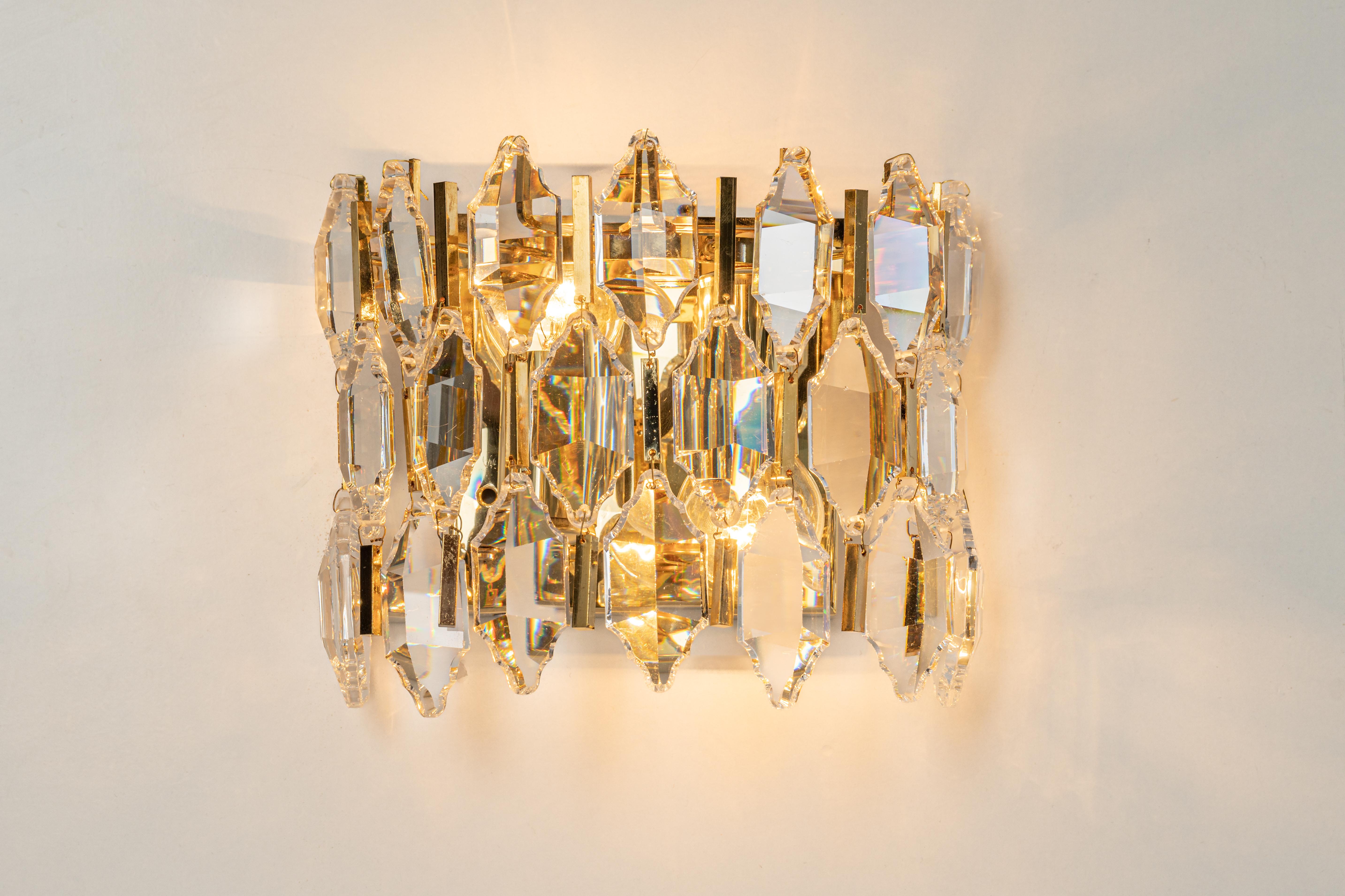 Pair of Golden Gilded Brass and Crystal Sconces by Palwa, Germany, 1970s For Sale 3