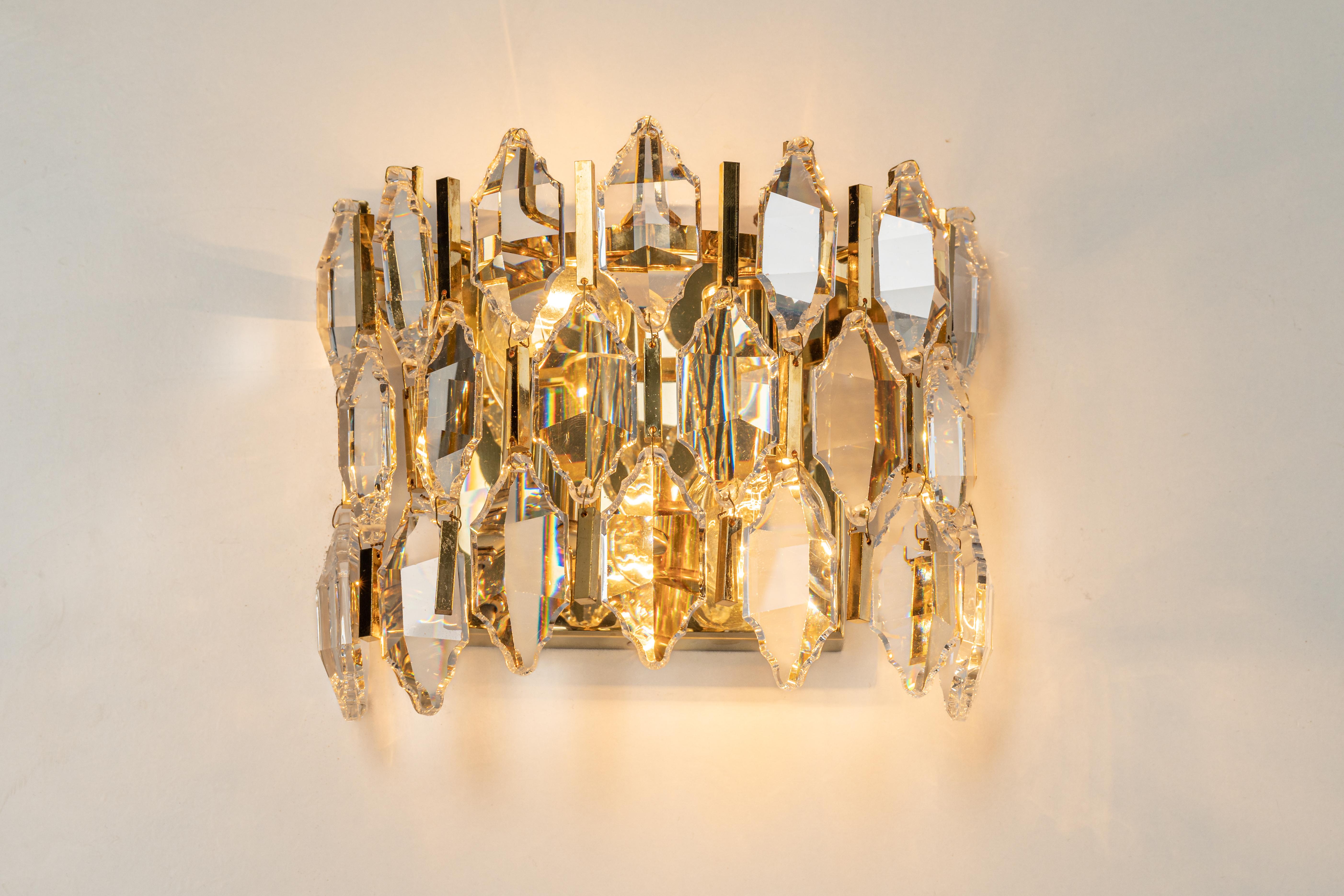 Pair of Golden Gilded Brass and Crystal Sconces by Palwa, Germany, 1970s For Sale 4