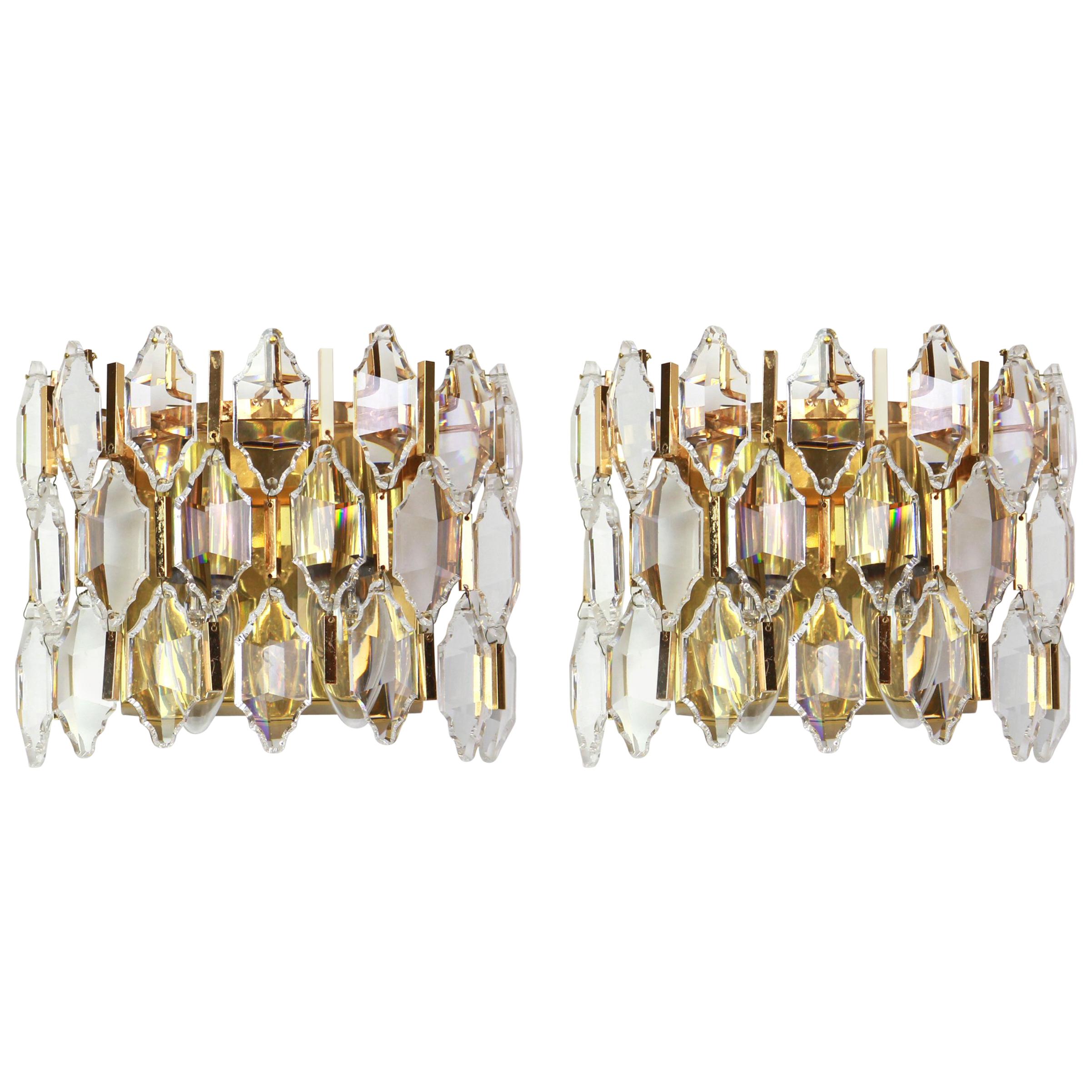 Pair of Golden Gilded Brass and Crystal Sconces by Palwa, Germany, 1970s