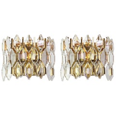 Pair of Golden Gilded Brass and Crystal Sconces by Palwa, Germany, 1970s