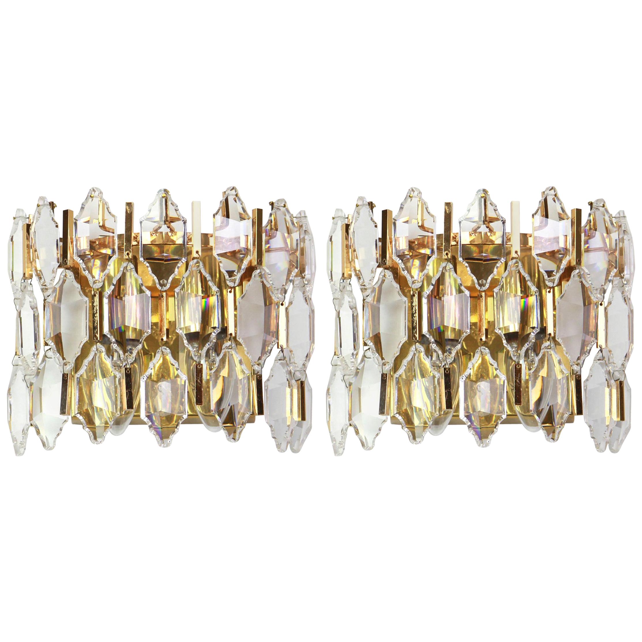 Pair of Golden Gilded Brass and Crystal Sconces by Palwa, Germany, 1970s