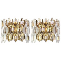 Vintage Pair of Golden Gilded Brass and Crystal Sconces by Palwa, Germany, 1970s