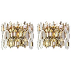 Pair of Golden Gilded Brass and Crystal Sconces by Palwa, Germany, 1970s