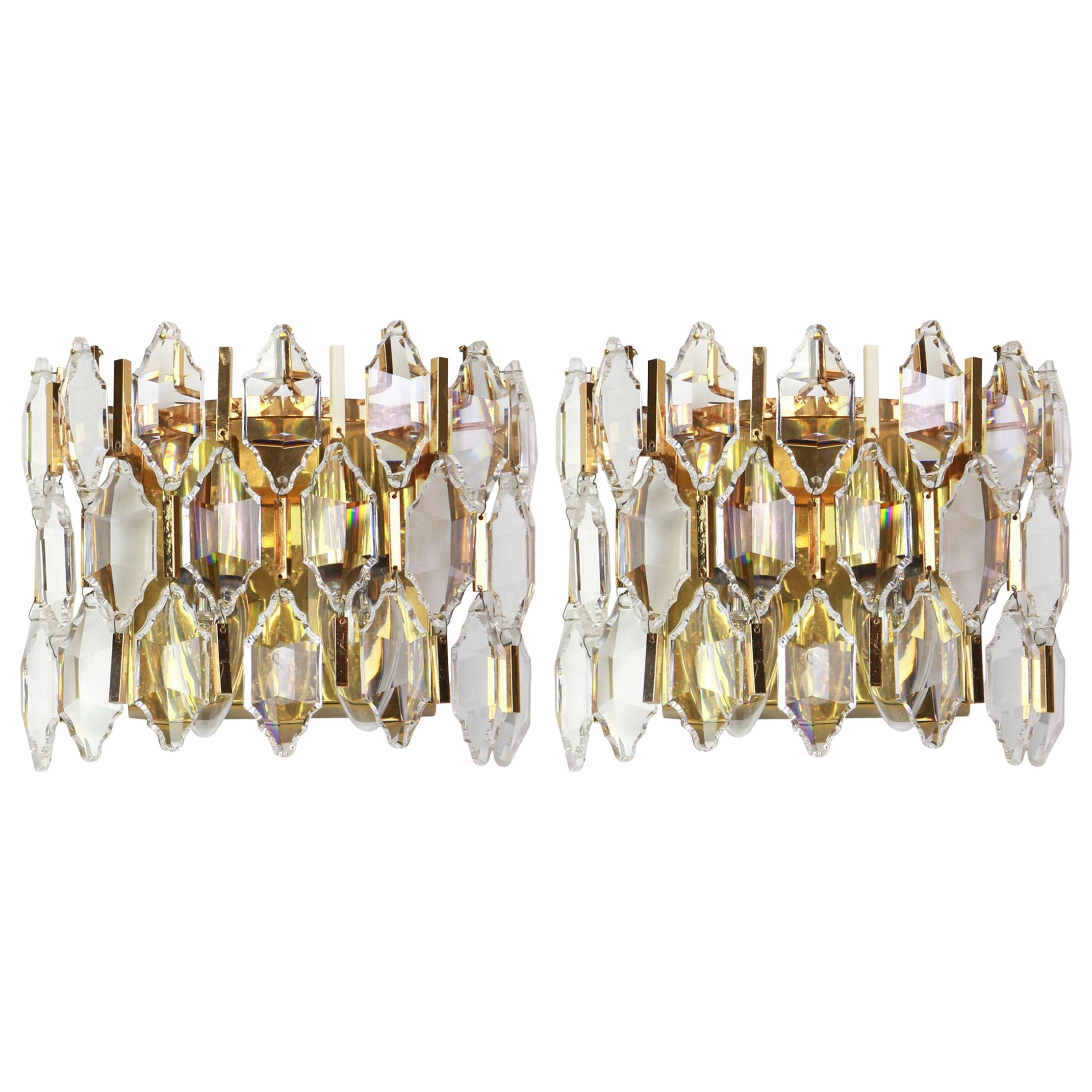 Pair of Golden Gilded Brass and Crystal Sconces by Palwa, Germany, 1970s For Sale