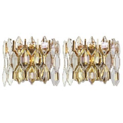 Vintage Pair of Golden Gilded Brass and Crystal Sconces by Palwa, Germany, 1970s