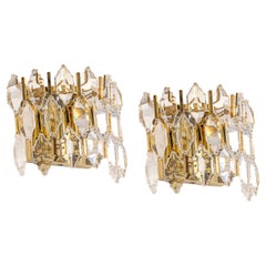 Pair of Golden Gilded Brass and Crystal Sconces by Palwa, Germany, 1970s