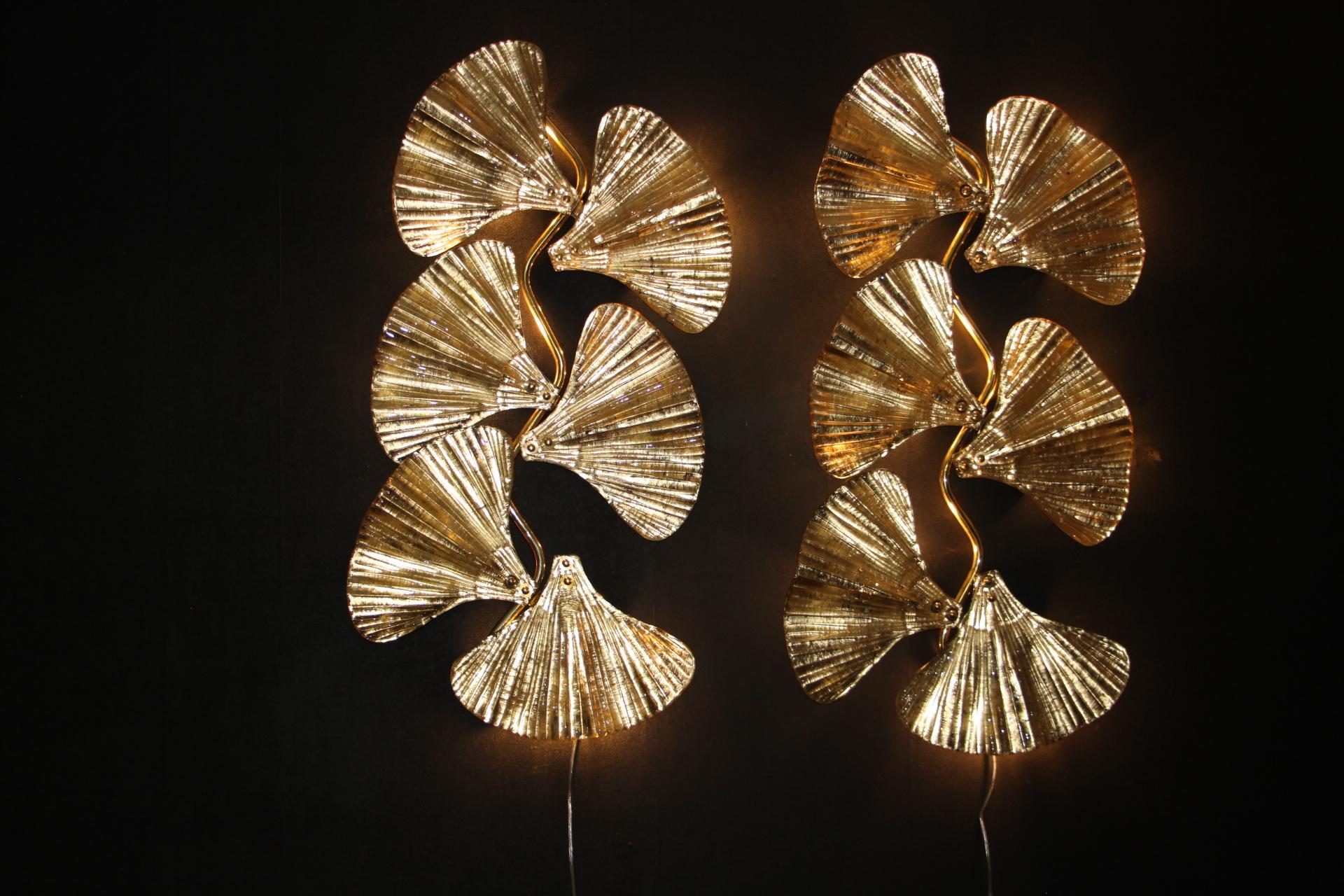 Pair of Golden Gingko Sconces in Murano Glass in Tommaso Barbi Style, Wall Lights For Sale 9