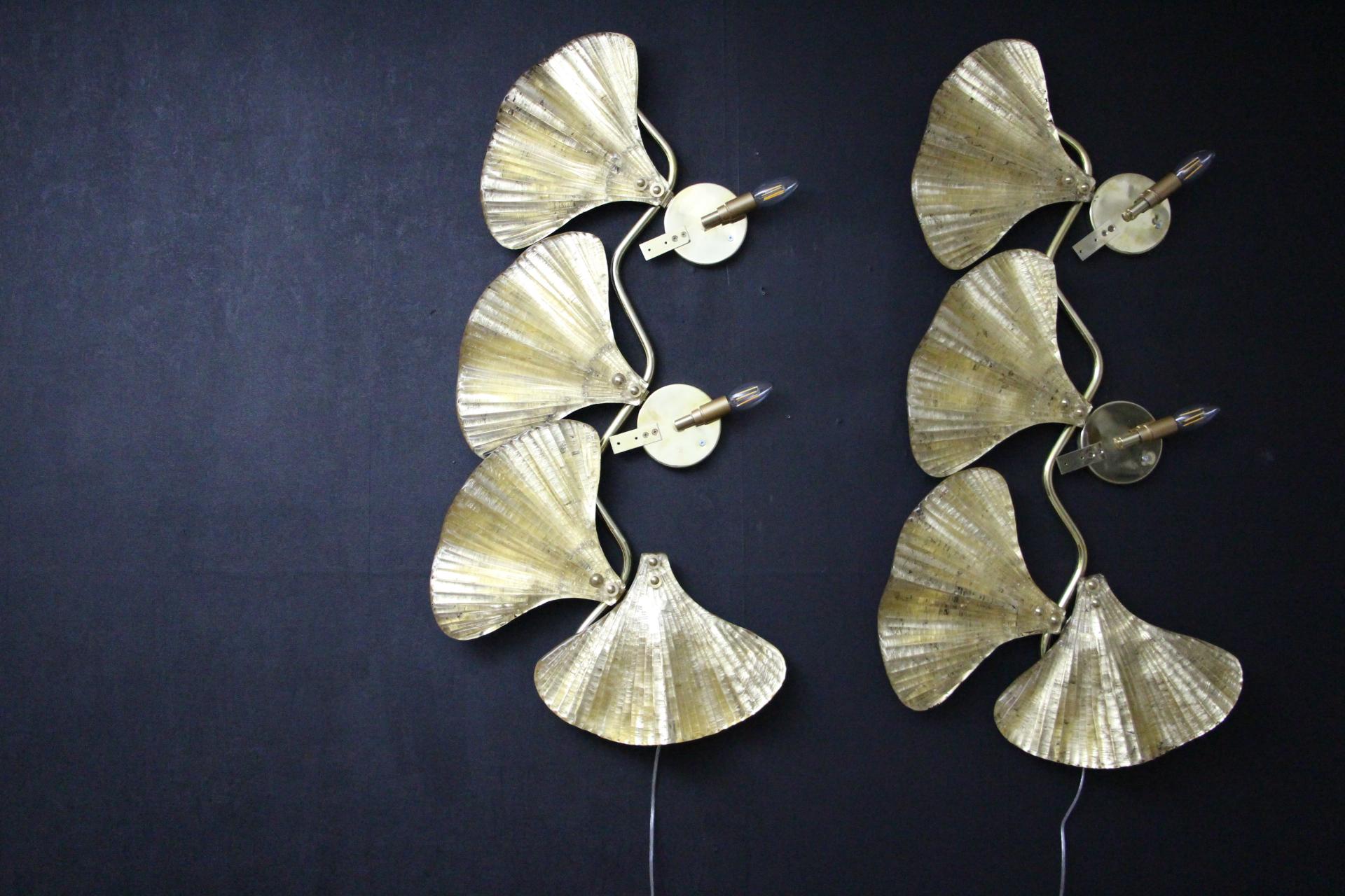 Pair of Golden Gingko Sconces in Murano Glass in Tommaso Barbi Style, Wall Lights For Sale 12