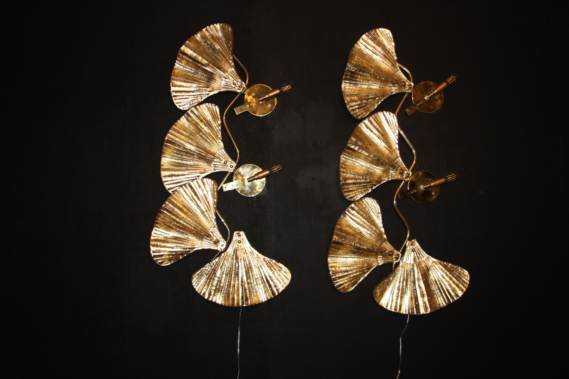 Pair of Golden Gingko Sconces in Murano Glass in Tommaso Barbi Style, Wall Lights For Sale 15