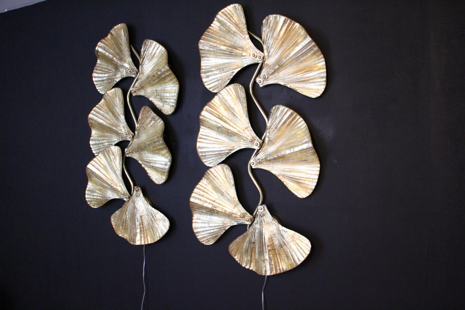 Pair of Golden Gingko Sconces in Murano Glass in Tommaso Barbi Style, Wall Lights For Sale 3