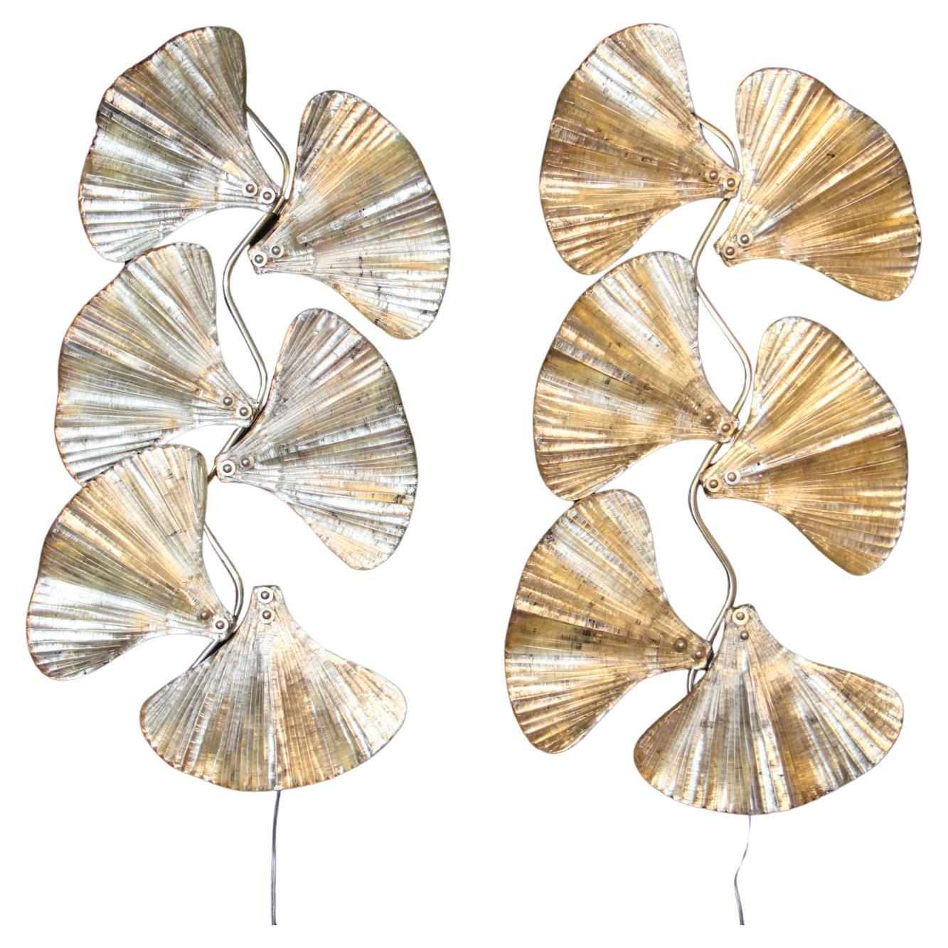 Pair of Golden Gingko Sconces in Murano Glass in Tommaso Barbi Style, Wall Lights For Sale