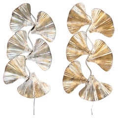 Pair of Golden Gingko Sconces in Murano Glass in Tommaso Barbi Style, Wall Lights