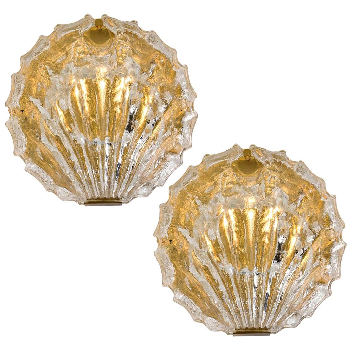 Pair of Golden Ice Glass Shell Wall Sconces from Kalmar, 1960s For Sale