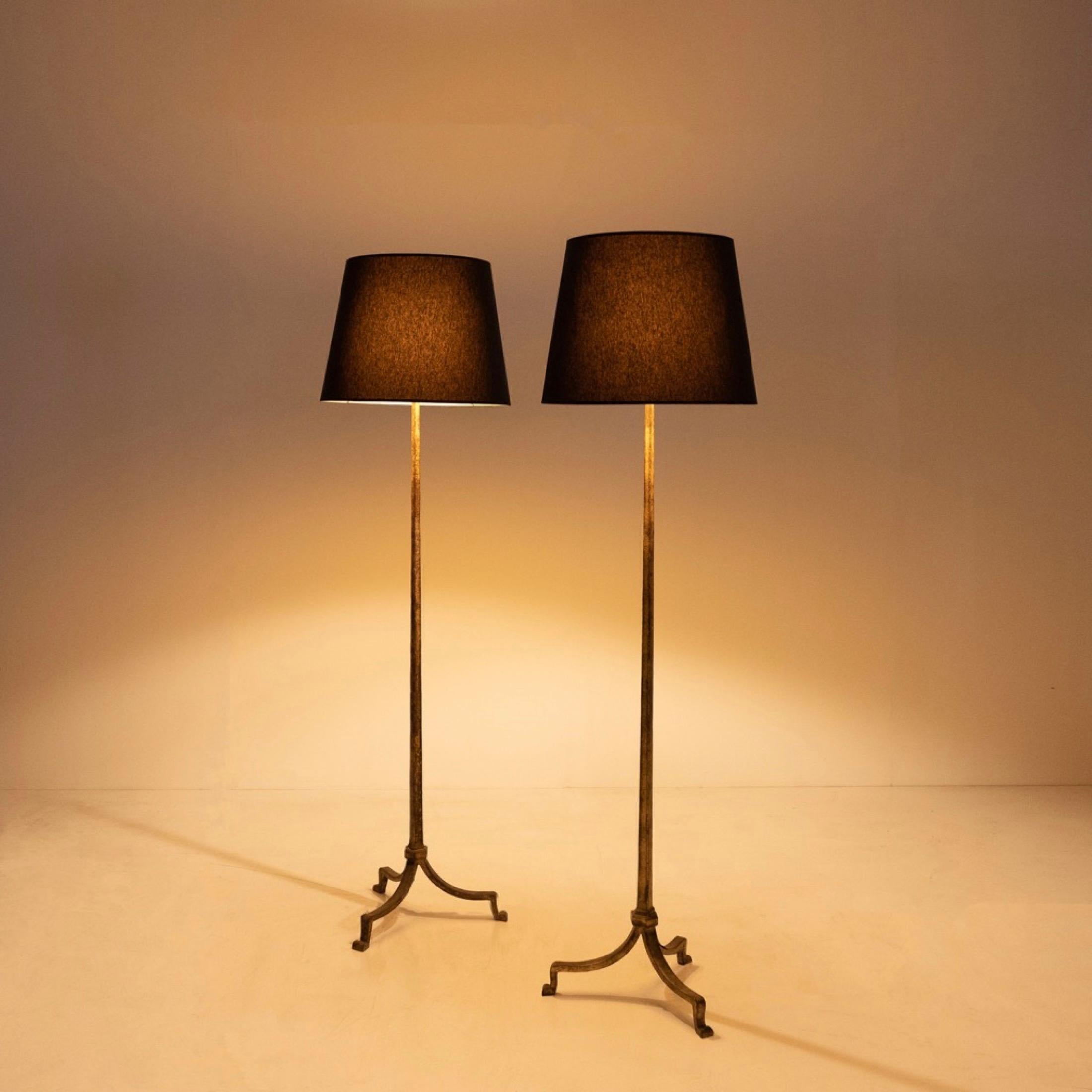 Mid-Century Modern Pair of golden iron floor Lamps by Maison Ramsay  For Sale