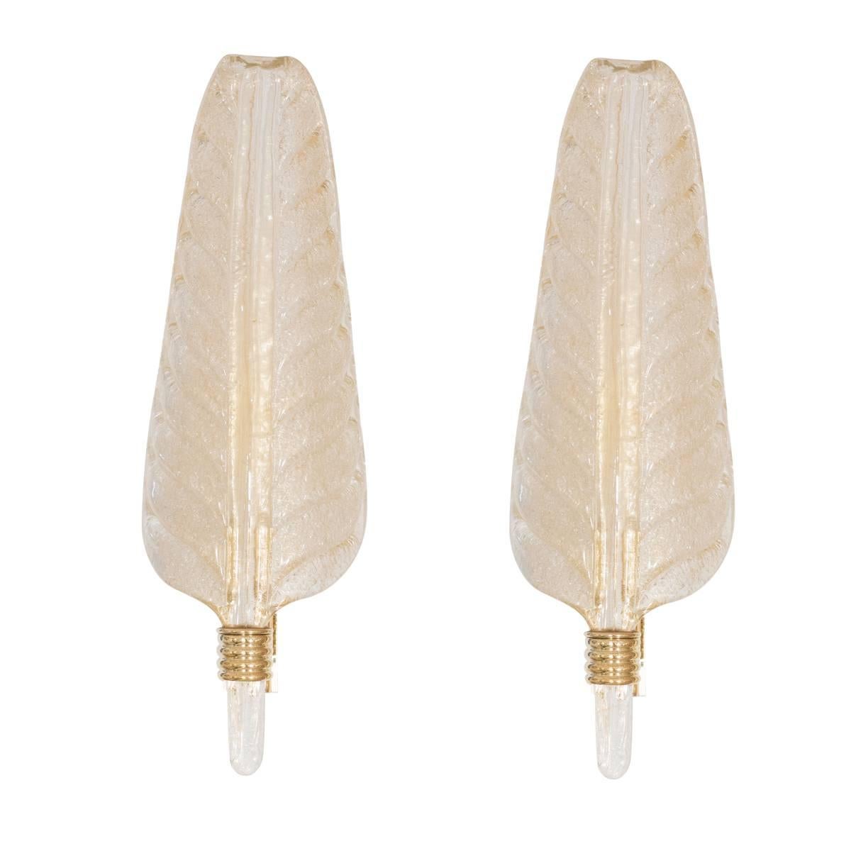 Pair of Golden Murano Glass Leaf Sconces