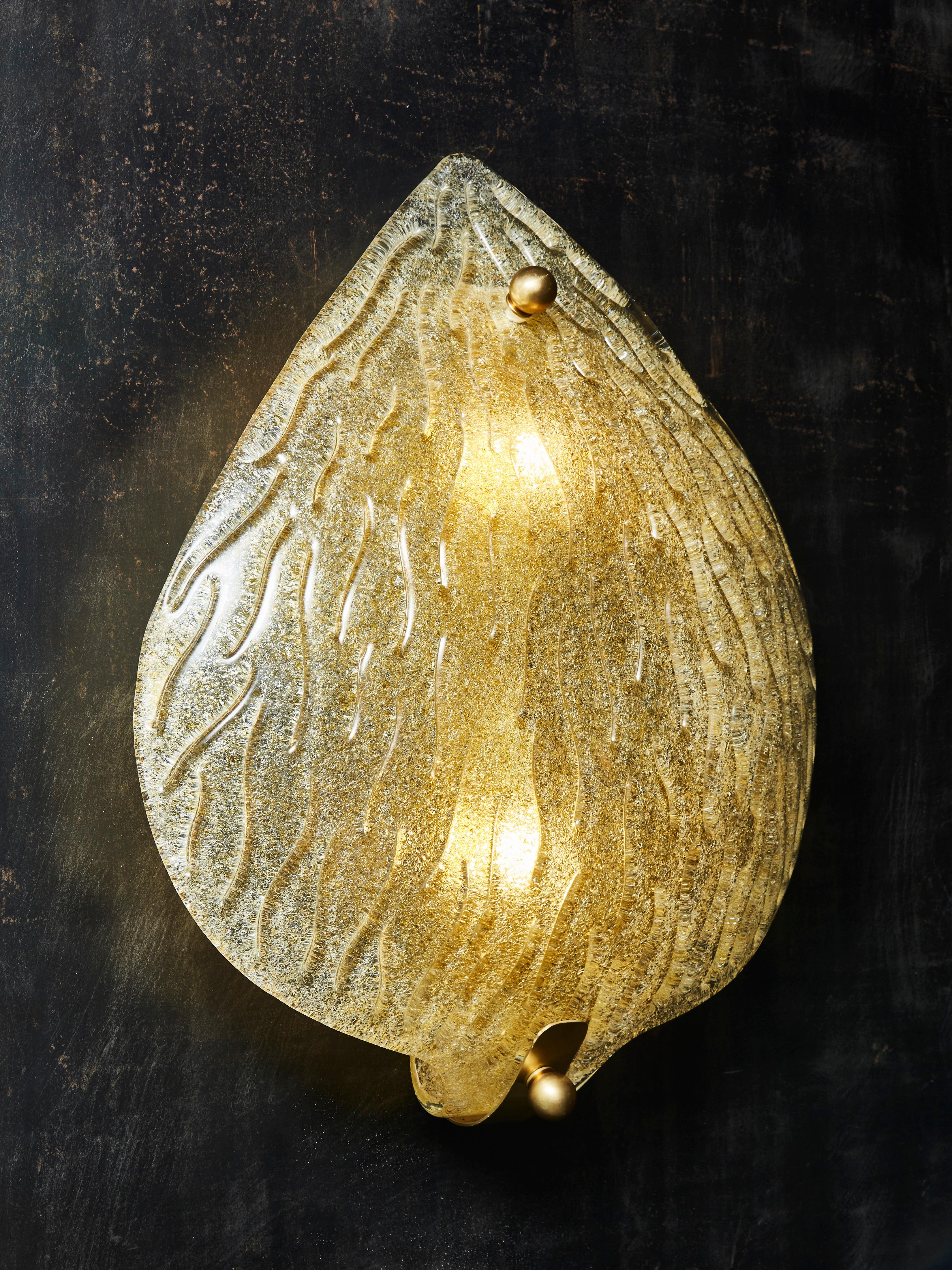 Italian Pair of Golden Murano Glass Leaf Shaped Wall Sconces For Sale