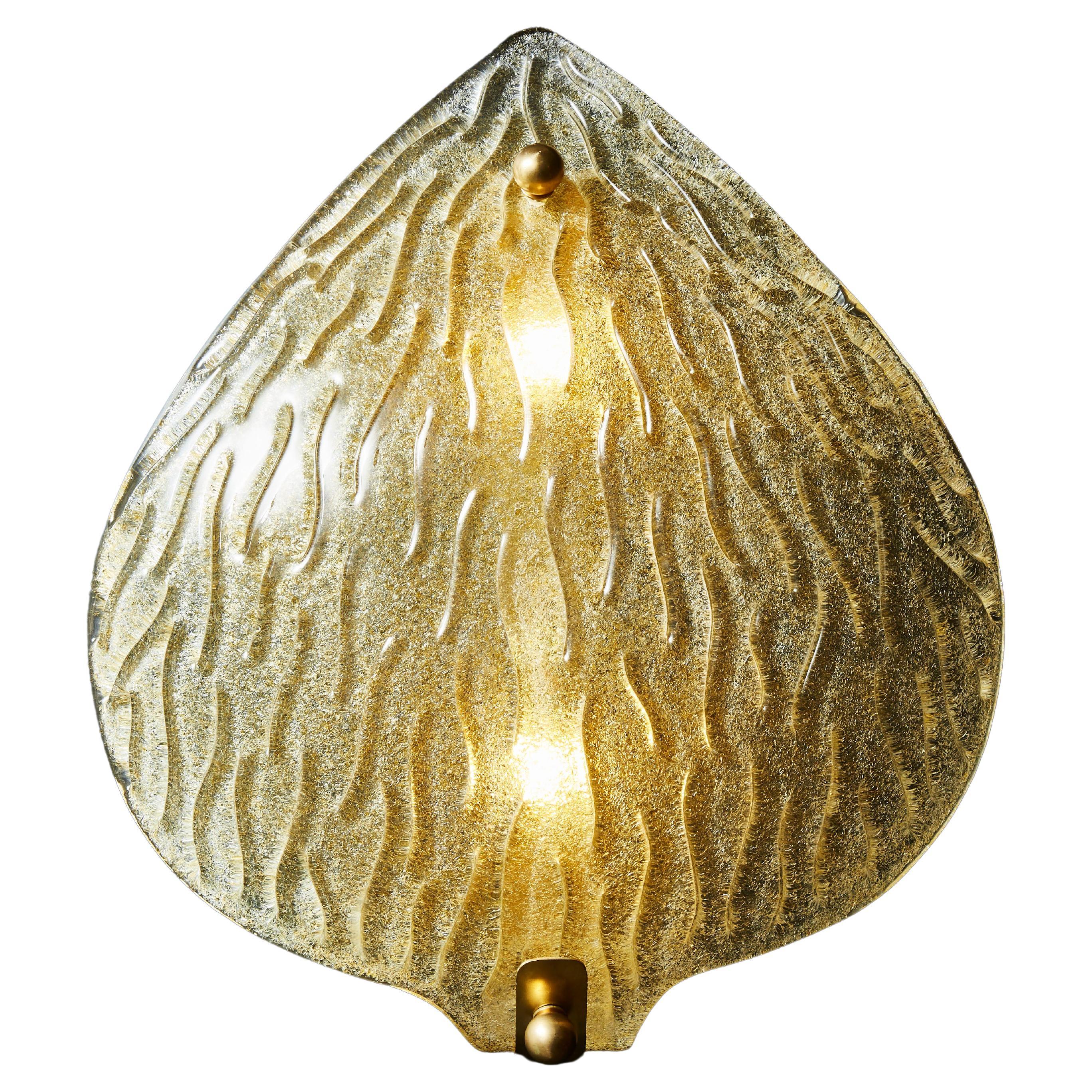 Pair of Golden Murano Glass Leaf Shaped Wall Sconces For Sale