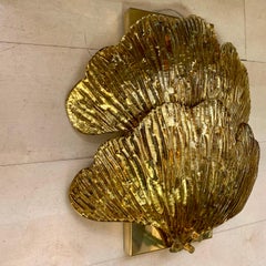 Pair of Golden Murano Glass Mirrored Ginkgo Leaf Sconces, Brass Structure, 1950s