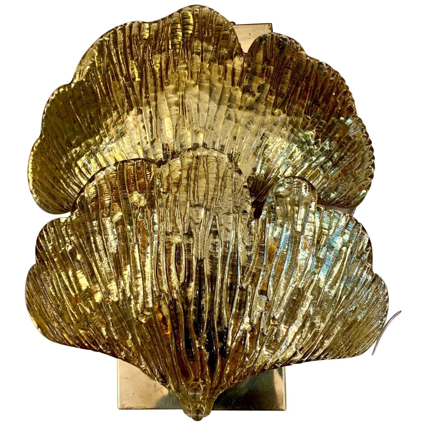 Pair of Golden Murano Glass Mirrored Ginkgo Leaf Sconces, Brass Structure, 1950s