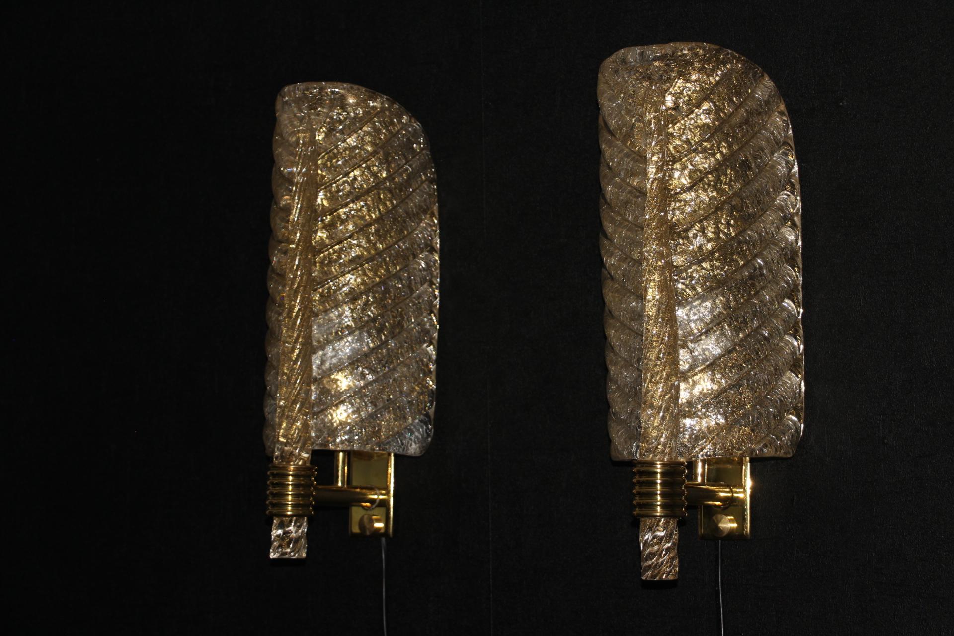 Pair of Golden Murano Glass Sconces, Leaf Shape Wall Lights, Barovier Style For Sale 12