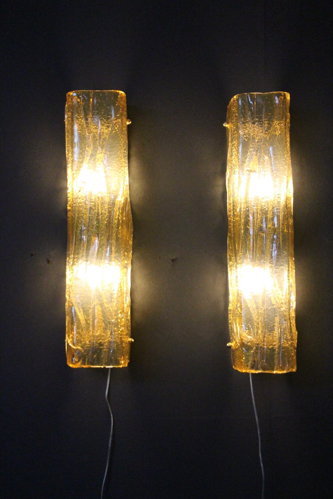 Pair of Golden Murano Glass Sconces, Square Tube Wall Lights, Mazzega Style For Sale 3