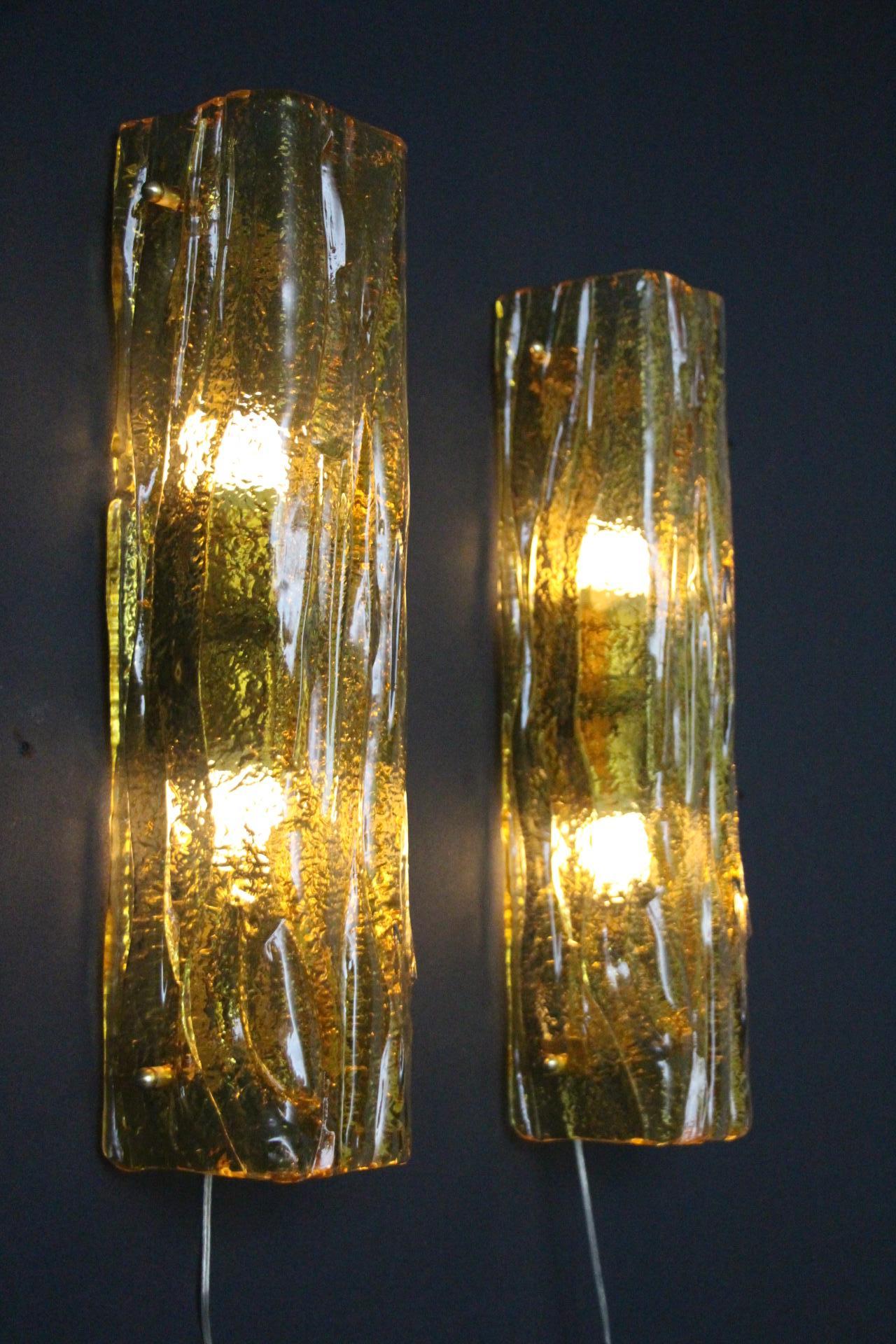 Paire d'appliques en verre doré de Murano, lampes murales à tube carré, style Mazzega en vente 6