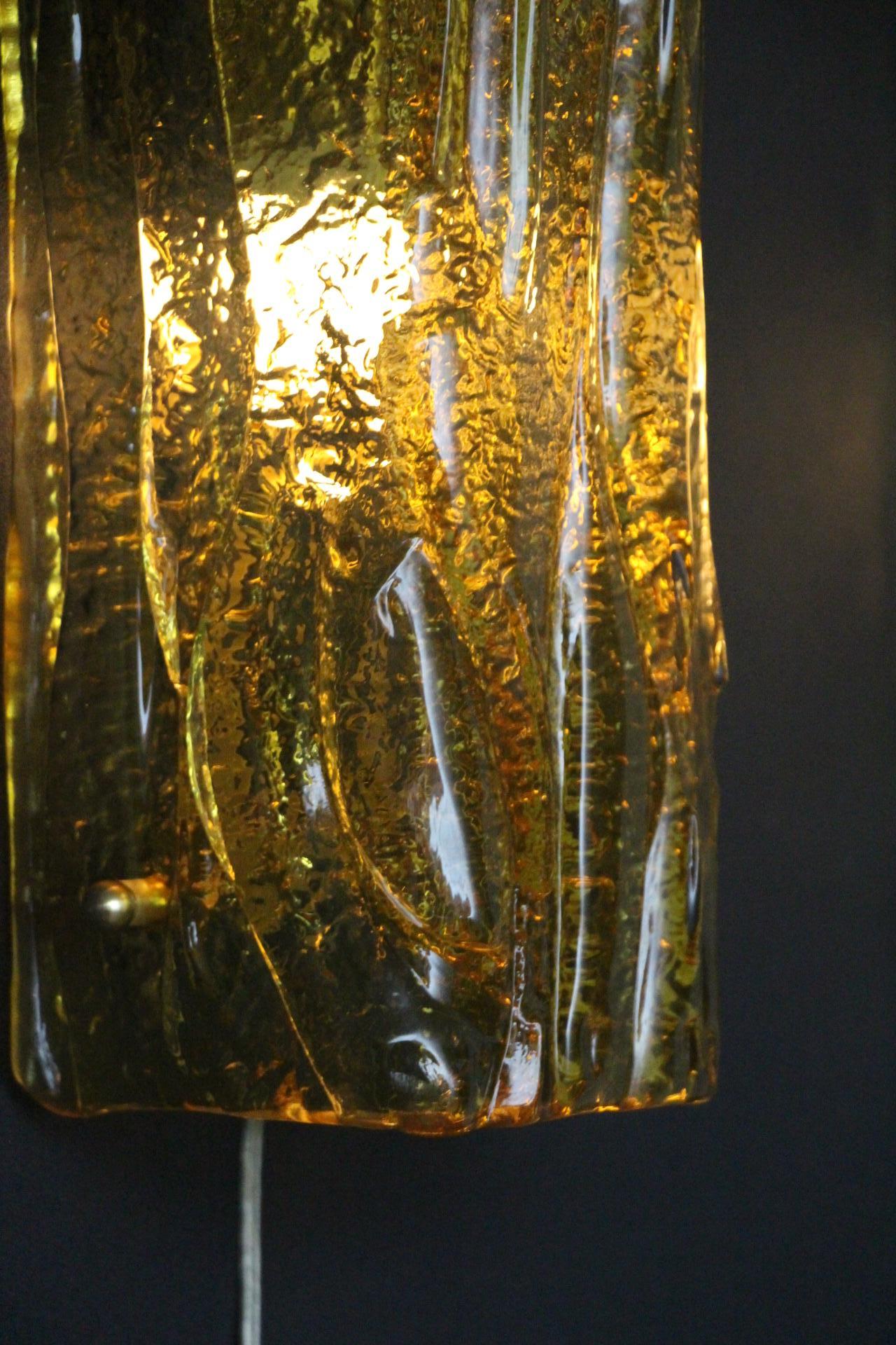 Pair of Golden Murano Glass Sconces, Square Tube Wall Lights, Mazzega Style For Sale 8