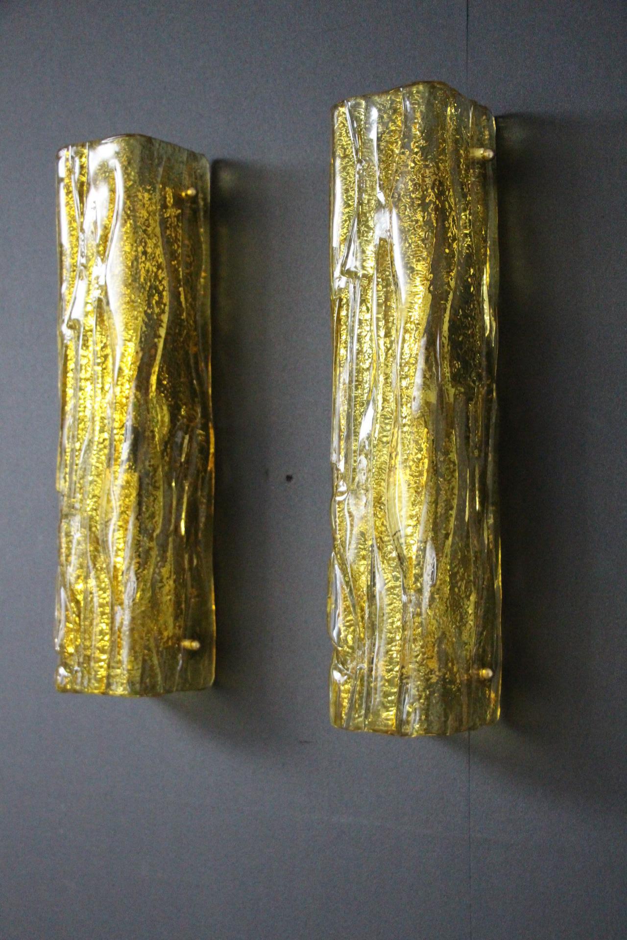 Italian Pair of Golden Murano Glass Sconces, Square Tube Wall Lights, Mazzega Style For Sale