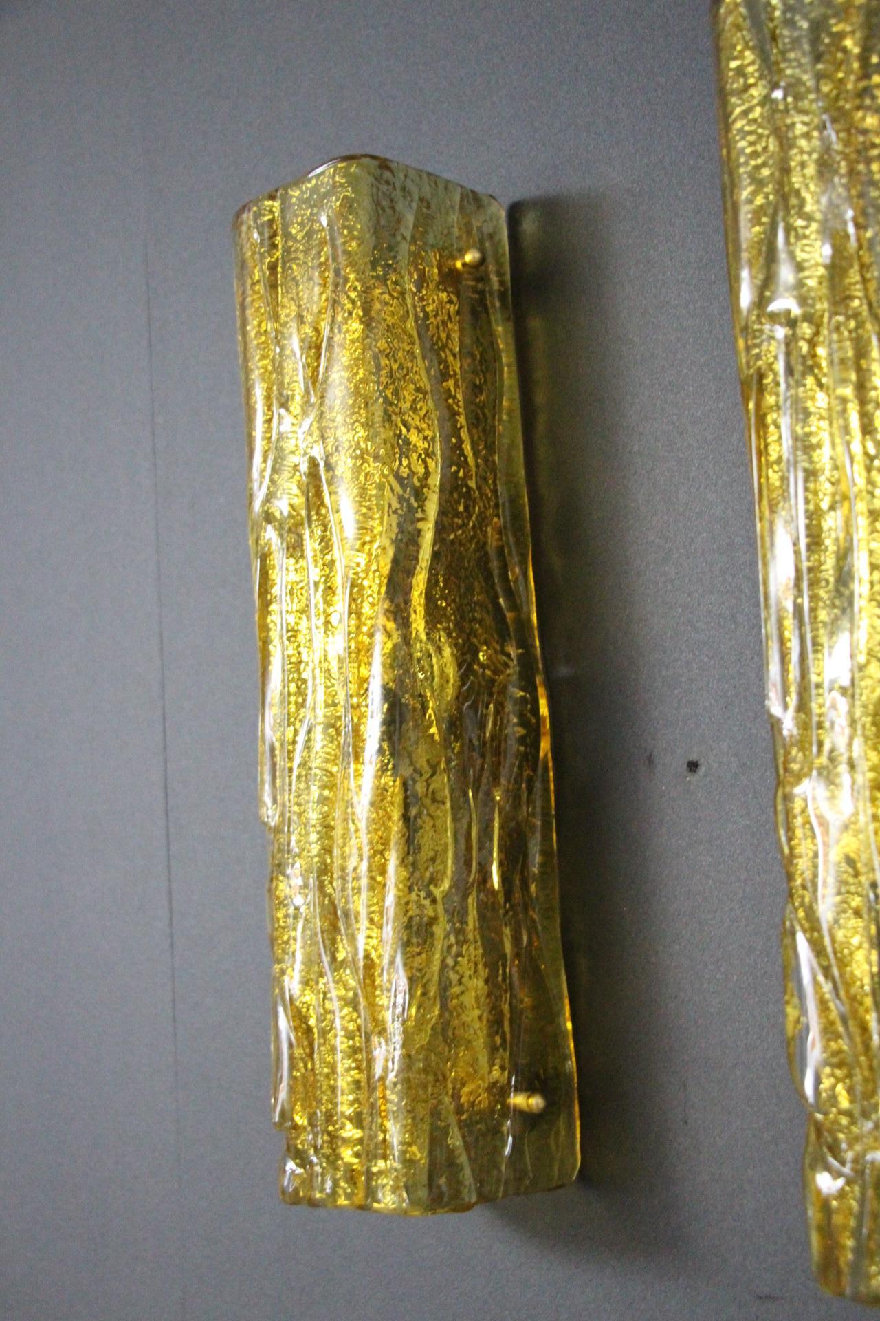 Paire d'appliques en verre doré de Murano, lampes murales à tube carré, style Mazzega en vente 1